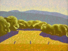"Field of Dreams", paysage contemporain, bleu, vert, jaune, peinture à l'huile