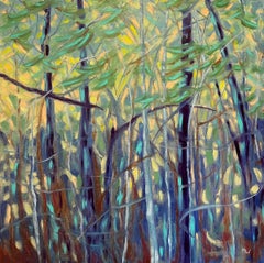"Incrociato", contemporain, paysage, arbre, vert, jaune, bleu, peinture à l'huile.