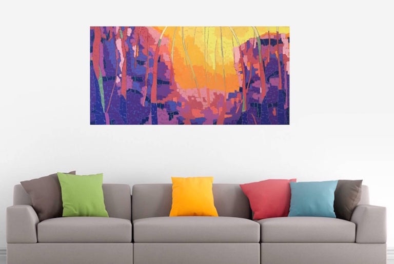 Marcia Wise’s oil painting “Into the Light,” is a large piece, 26 x 50 inches, filled with bold blues, magentas and violets, as well as a lighter mix of oranges, yellows with hints of reds and greens. It is a part of her recent series in which