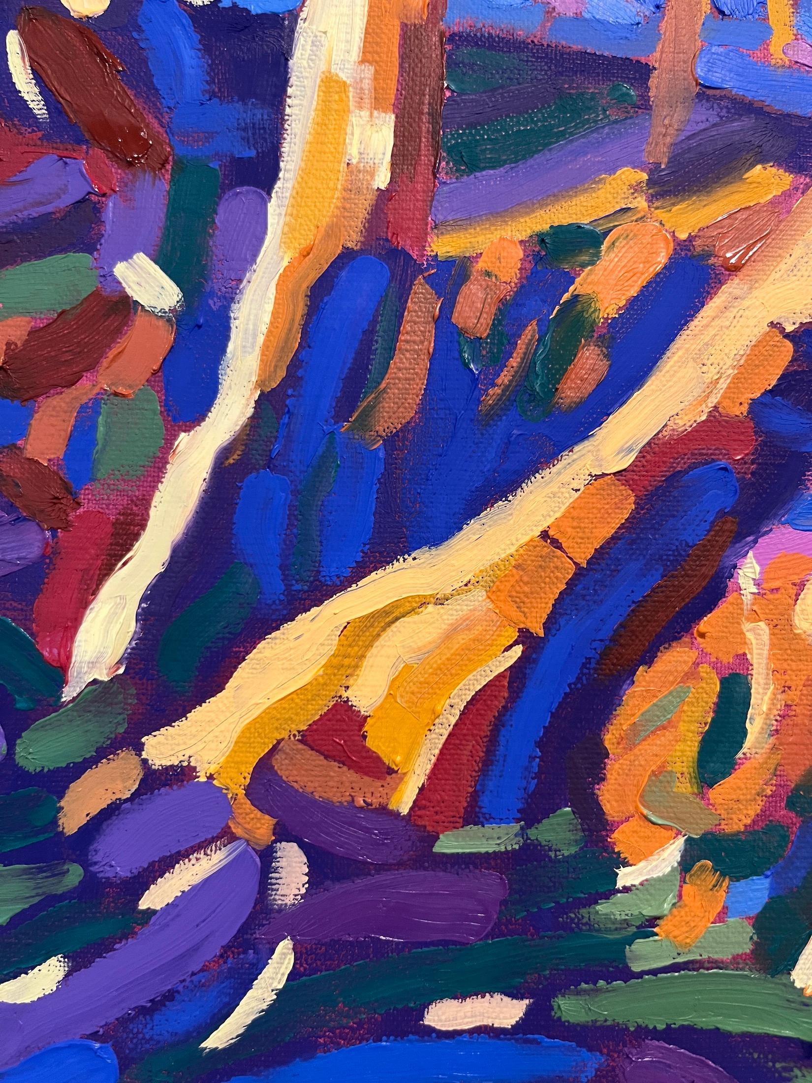 “Leggera” by oil painter Marcia Wise is a dynamic, colorful, and textured 10 x 20 x 1 inch oil painting full of gestural marks made with brushes and gloved fingers using stunning hues of blues, greens, purples, magentas and earth tones. Capturing
