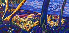 "Greene & Greene", contemporain, paysage, arbre, bleu, violet, vert, peinture à l'huile