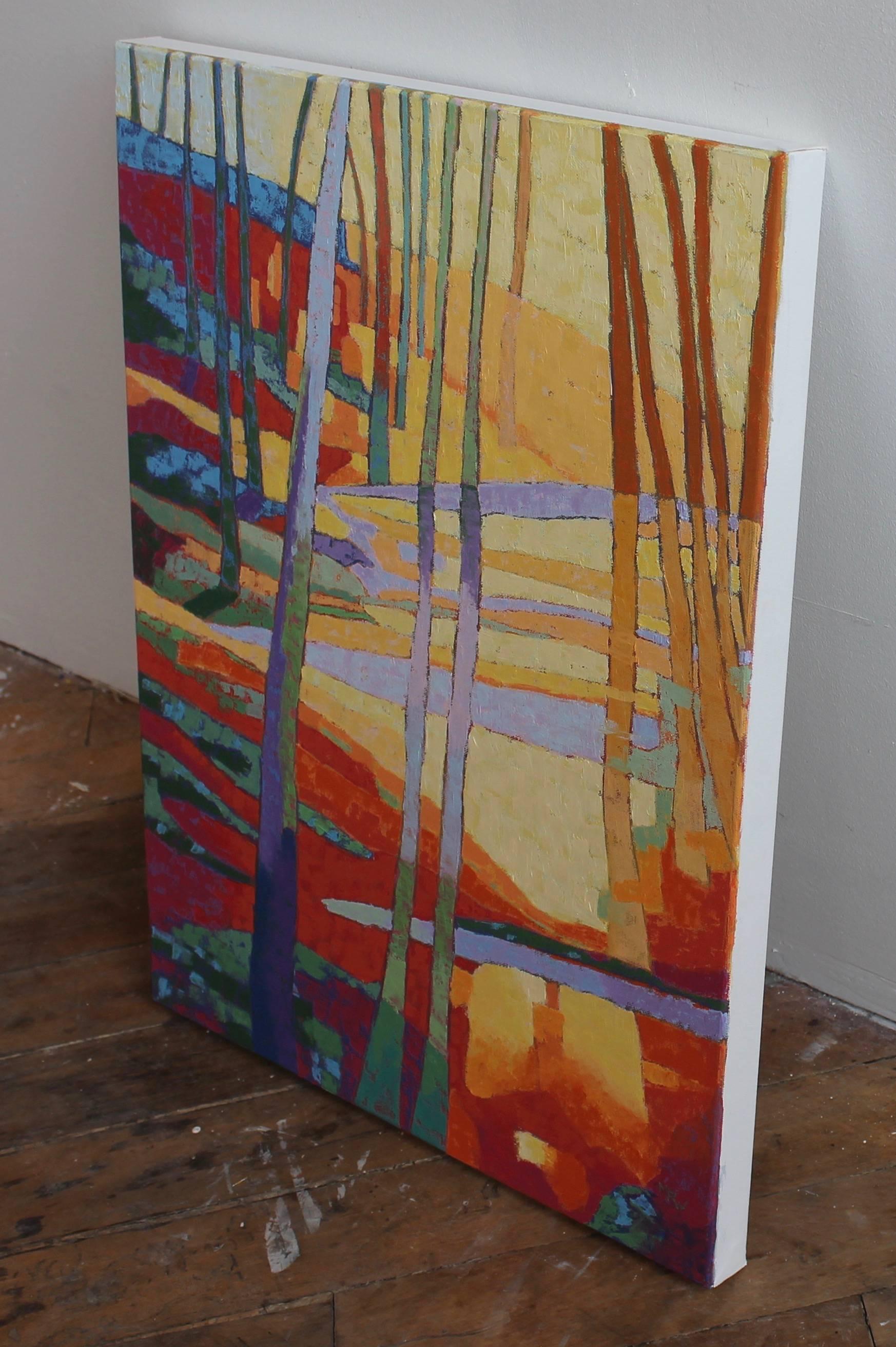 « Light Promenade », peinture à l'huile, paysage, rouges, jaunes, verts, bleus, oranges - Painting de Marcia Wise