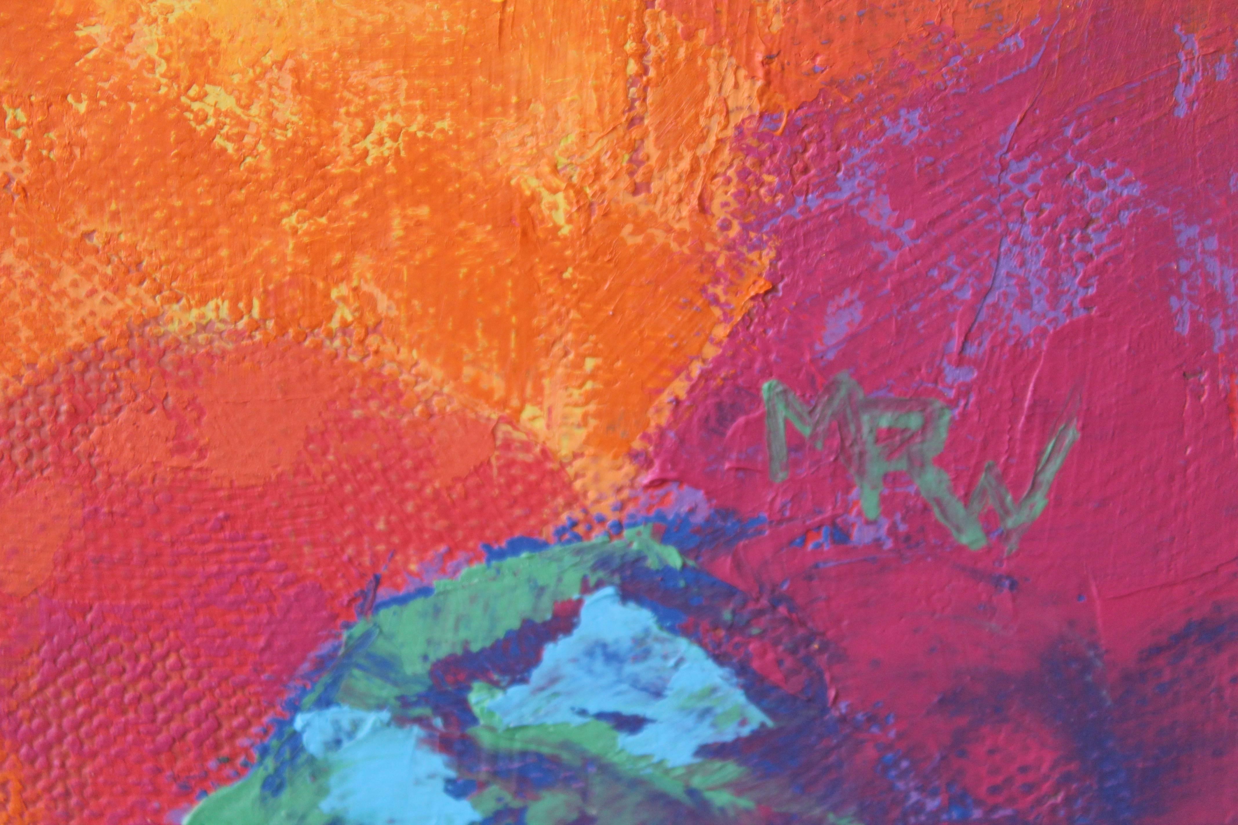 « Light Promenade », peinture à l'huile, paysage, rouges, jaunes, verts, bleus, oranges - Contemporain Painting par Marcia Wise