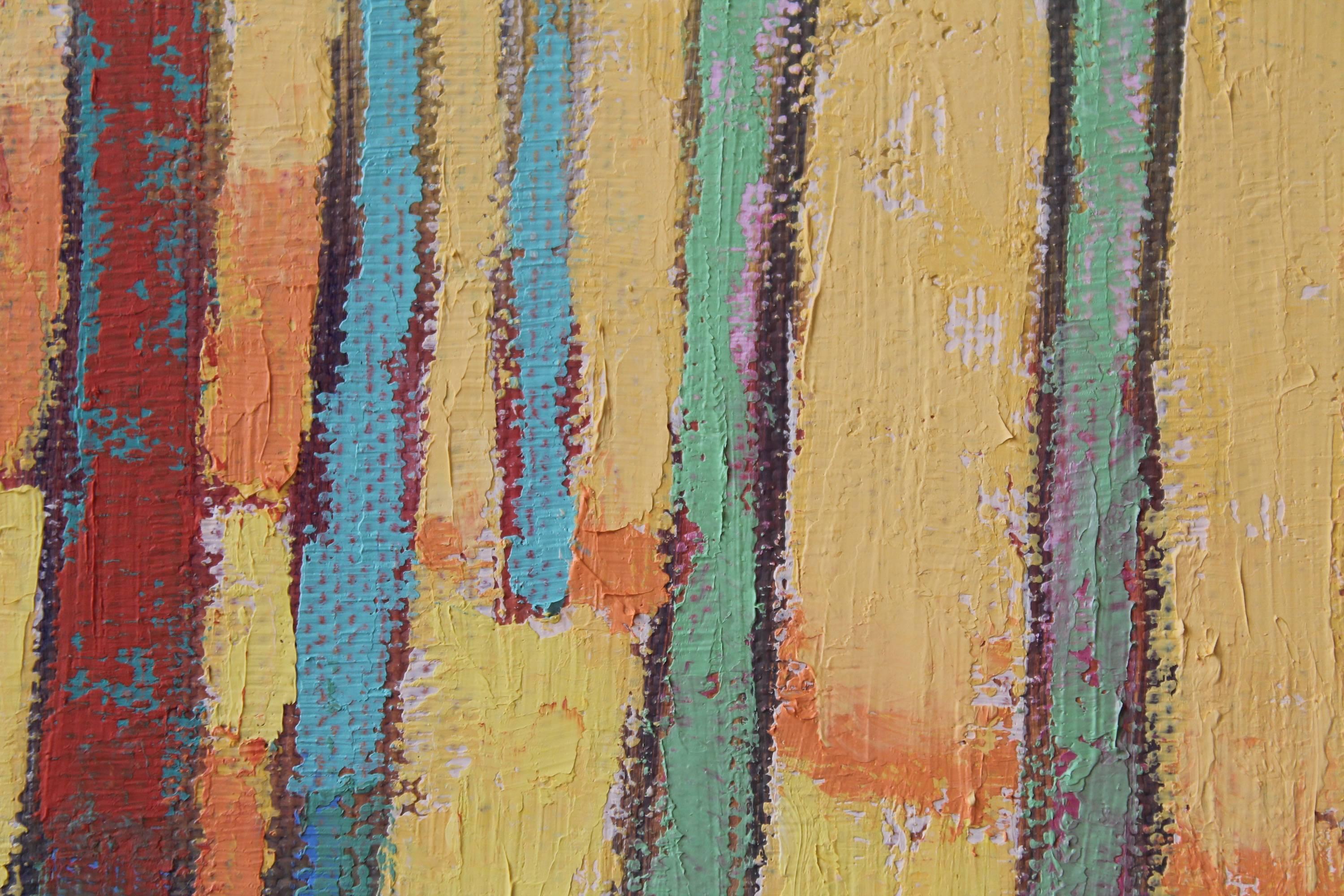« Light Promenade », peinture à l'huile, paysage, rouges, jaunes, verts, bleus, oranges - Marron Landscape Painting par Marcia Wise