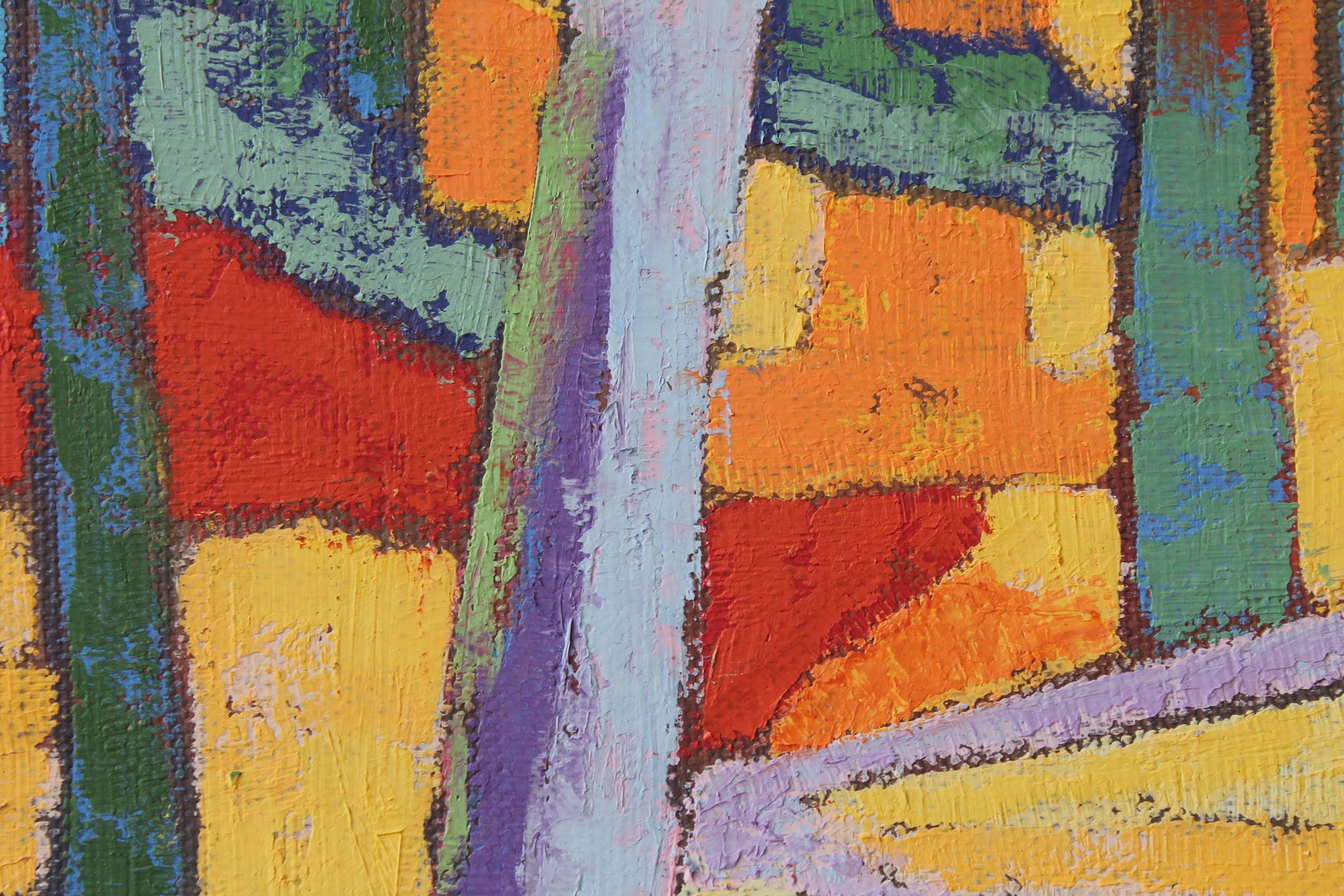 « Light Promenade », peinture à l'huile, paysage, rouges, jaunes, verts, bleus, oranges en vente 1