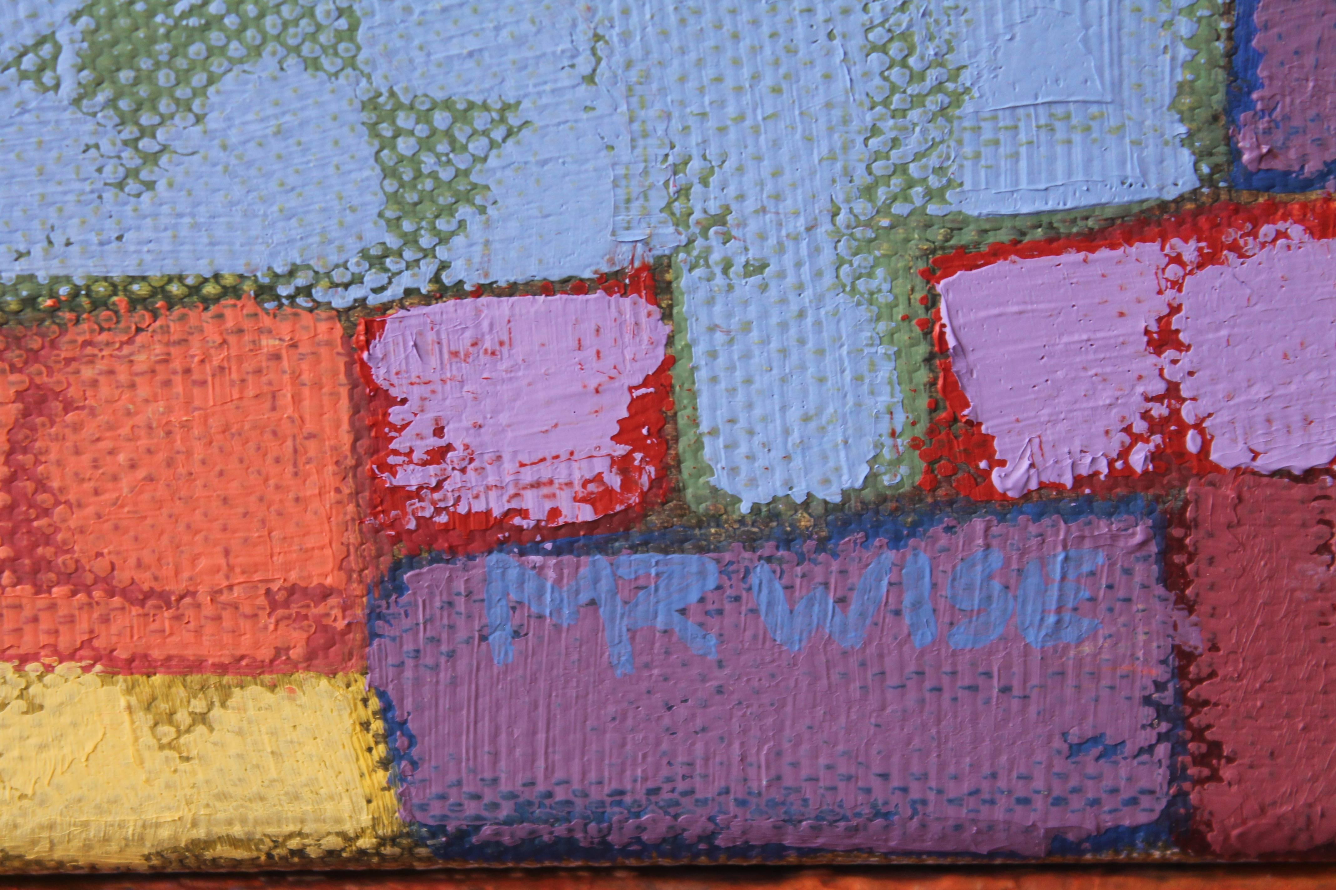 Marcia Wise’s oil painting titled “My World” is 16 x 20 inches, glowing with colors from the darkest greens and blues to the lightest yellows, and flows reminiscent of a patchwork quilt. This painting is filled with texture and color. Color applied