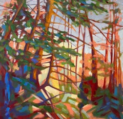 "Pizzicato", contemporary, landscape, yellow, orange, blue, green, oil painting