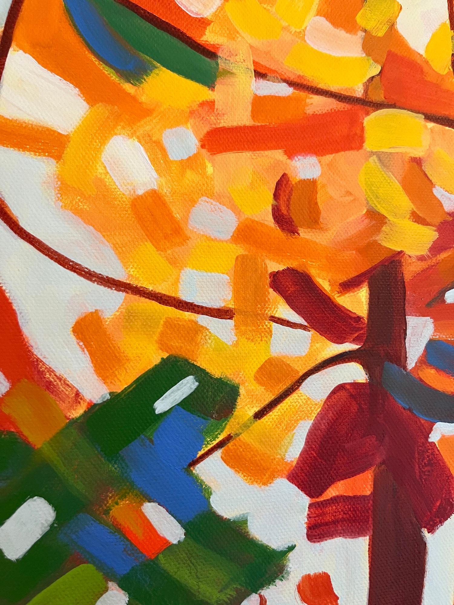 “Preludio” by Marcia Wise is a 36 x 48 x 1.5 inch oil painting which is part of her “Tree” series exploring the colors of Autumn where earthy reds are balanced with greens amid oranges and yellows all dancing in a light breeze of blues which call us