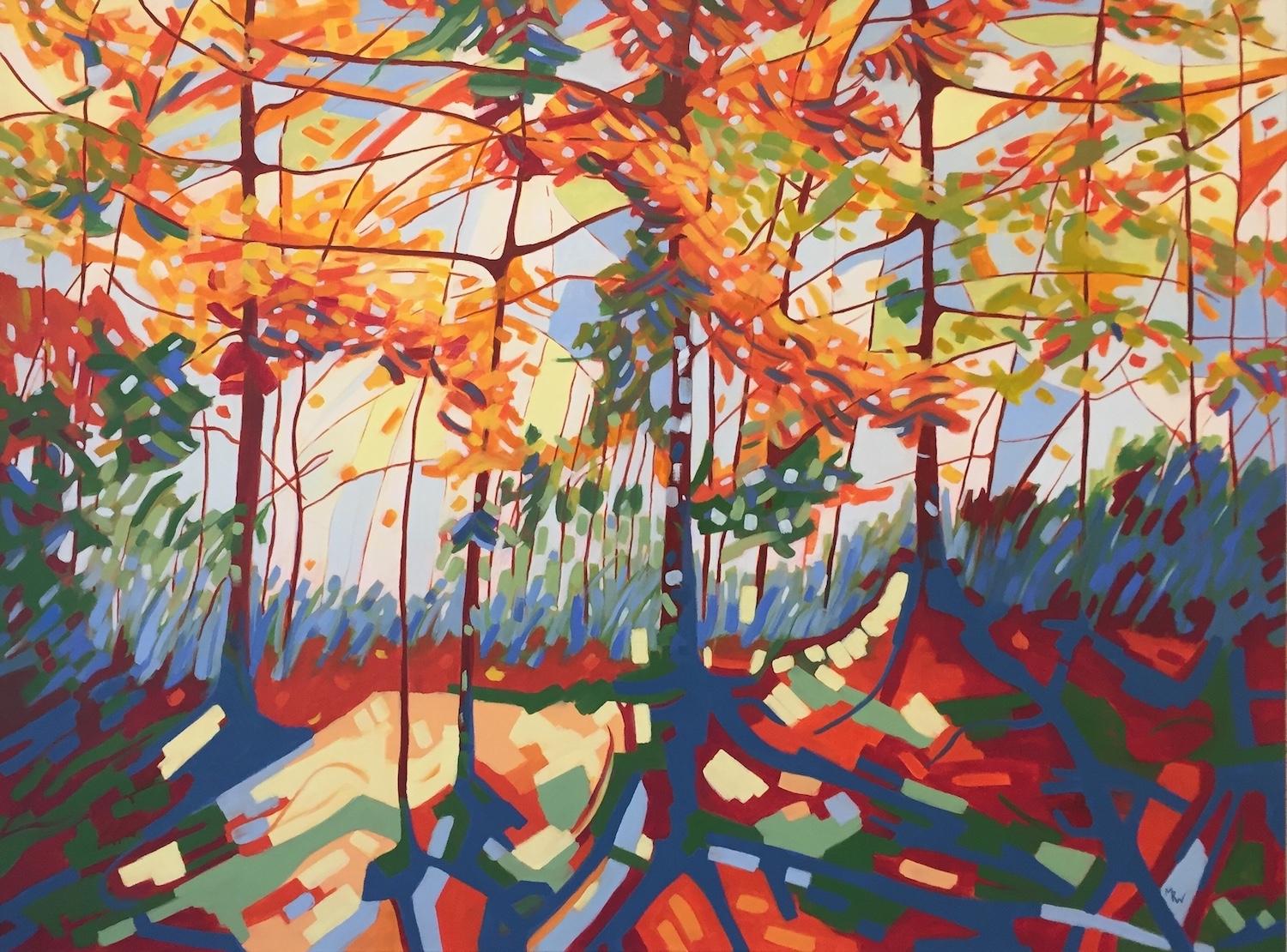 "Preludio", contemporary, trees, red, green, orange, yellow, blue, oil painting - Painting by Marcia Wise