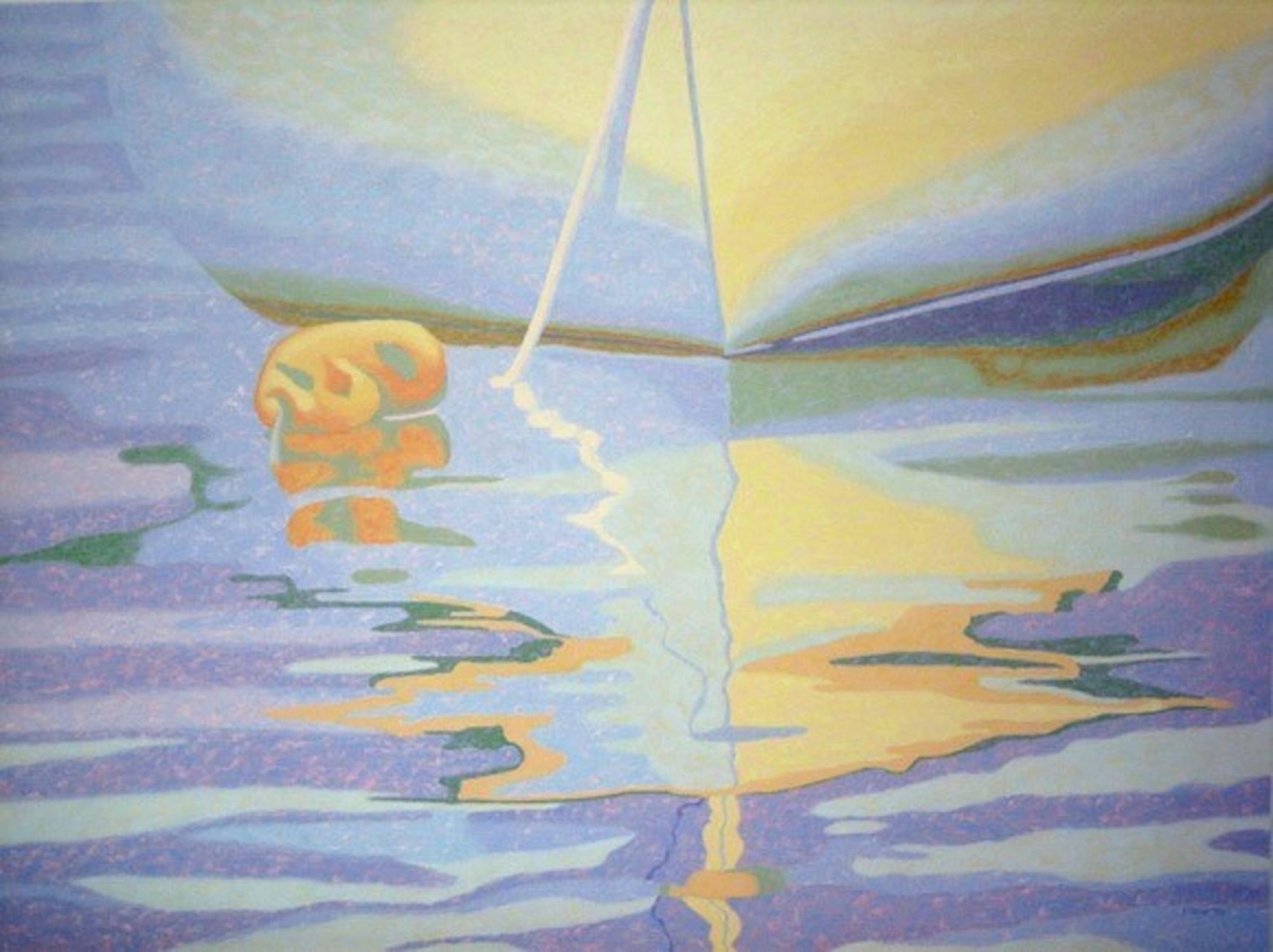 Landscape Painting Marcia Wise - "Reflets reposants", contemporain, eau, bleu, jaune, violet, peinture à l'huile.