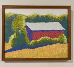 "River Road Barn", Zeitgenössische Landschaft, Blau, Grün, Rot, Ölgemälde