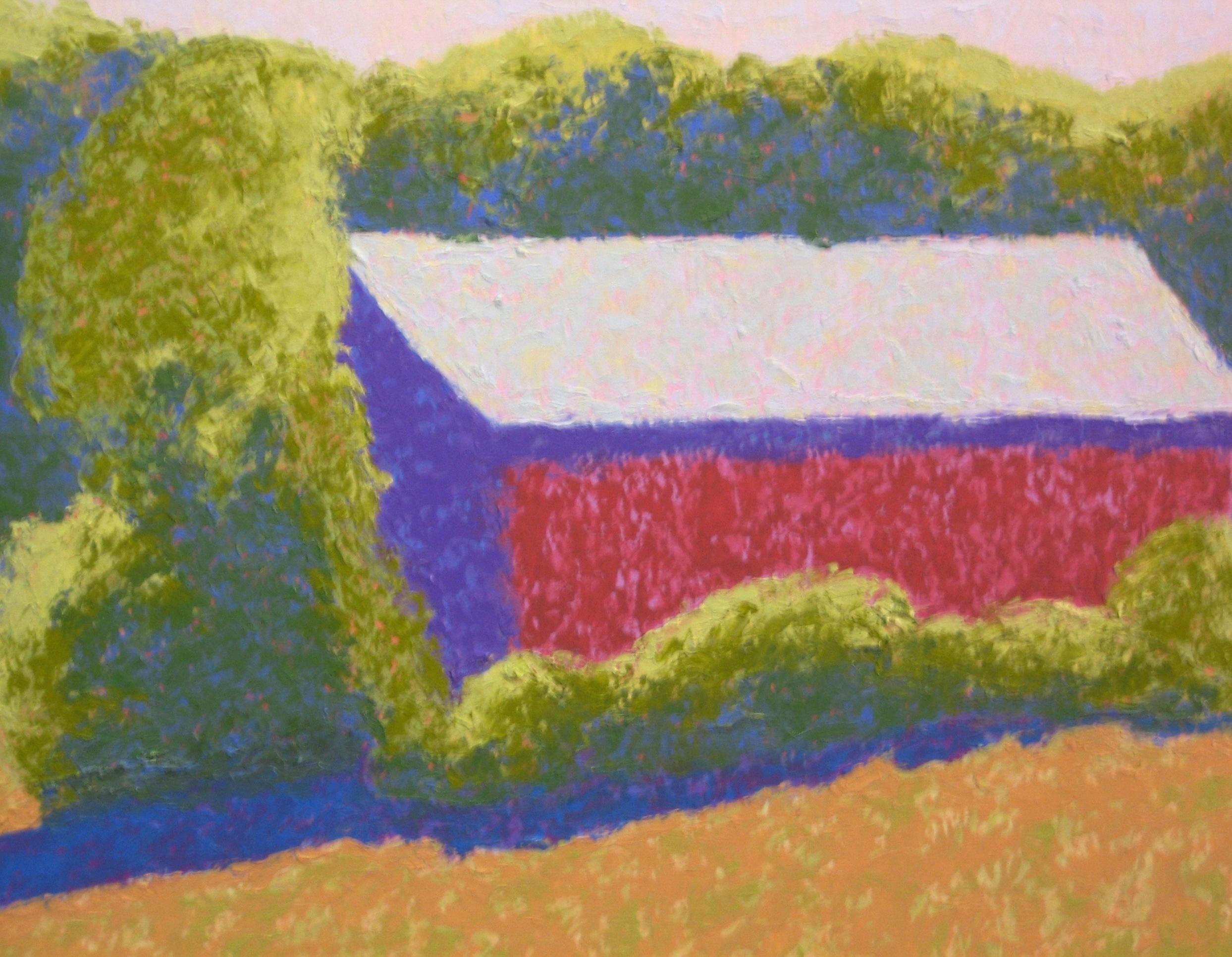 "River Road Barn", paysage contemporain, bleu, vert, rouge, peinture à l'huile.