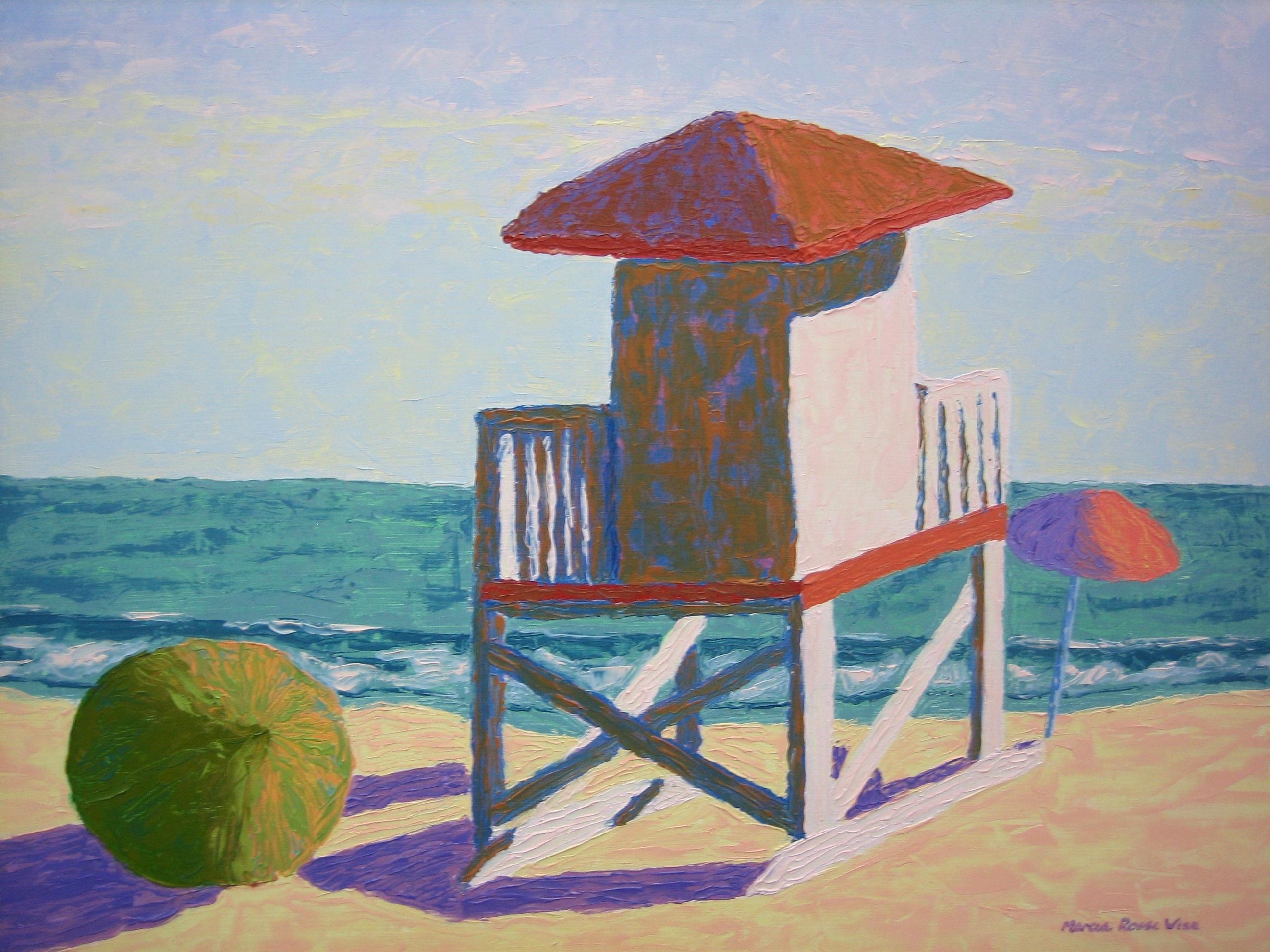 "Tarde en Siesta Beach", Paisaje contemporáneo, Azul, Rojo, Pintura al óleo - Painting de Marcia Wise