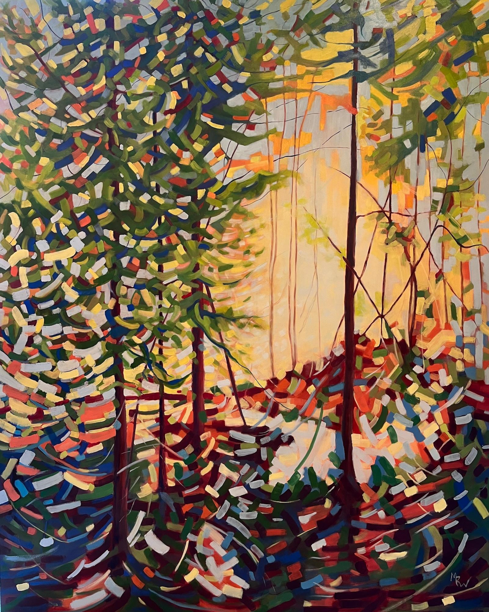 Landscape Painting di Marcia Wise - "Staccata", Contemporaneo, Albero, Verde, Rosso, Blu, Giallo, Pittura a olio, 2024