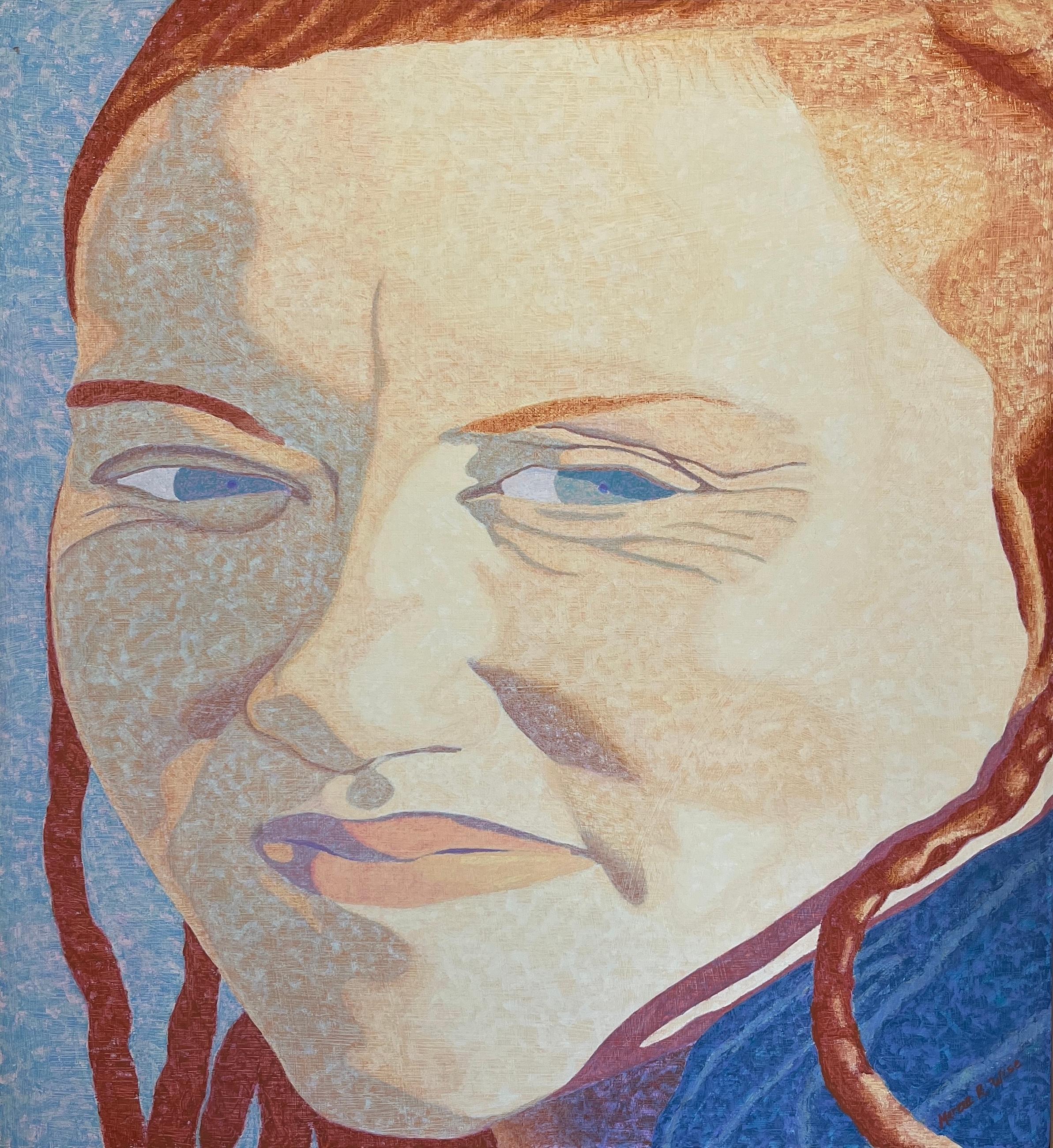 Marcia Wise Portrait Painting – "Stephanie", Zeitgenössisches Porträt, Blau, Rot, Ölgemälde