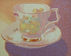 "Tea Time", contemporain, nature morte, brun, jaune, orange, or, peinture à l'huile.