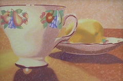 "Thé au citron", contemporain, nature morte, jaune, orange, peinture à l'huile.