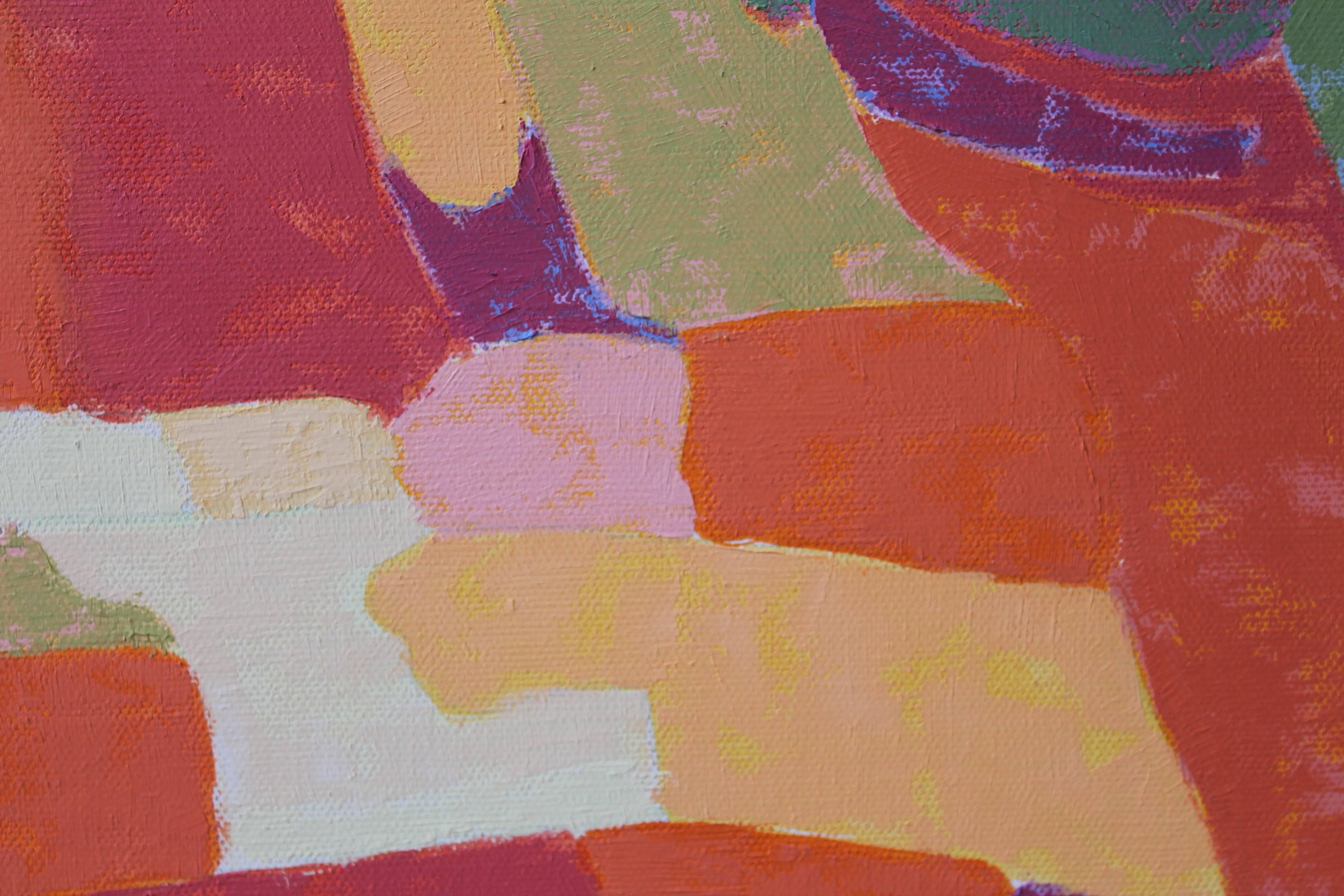 « Paysage toscan », peinture à l'huile, campagne italienne, rouges, verts, bleus, violets en vente 3