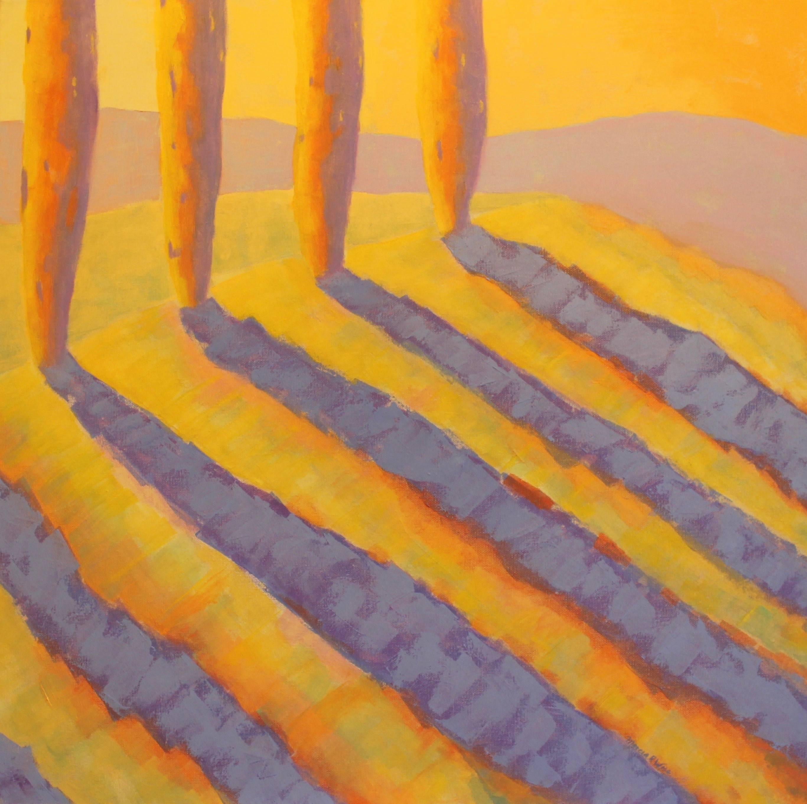 Marcia Wise Landscape Painting - "Tuscan Sunset", landscape, Italy, yellows, violets, oranges, blue, oil painting