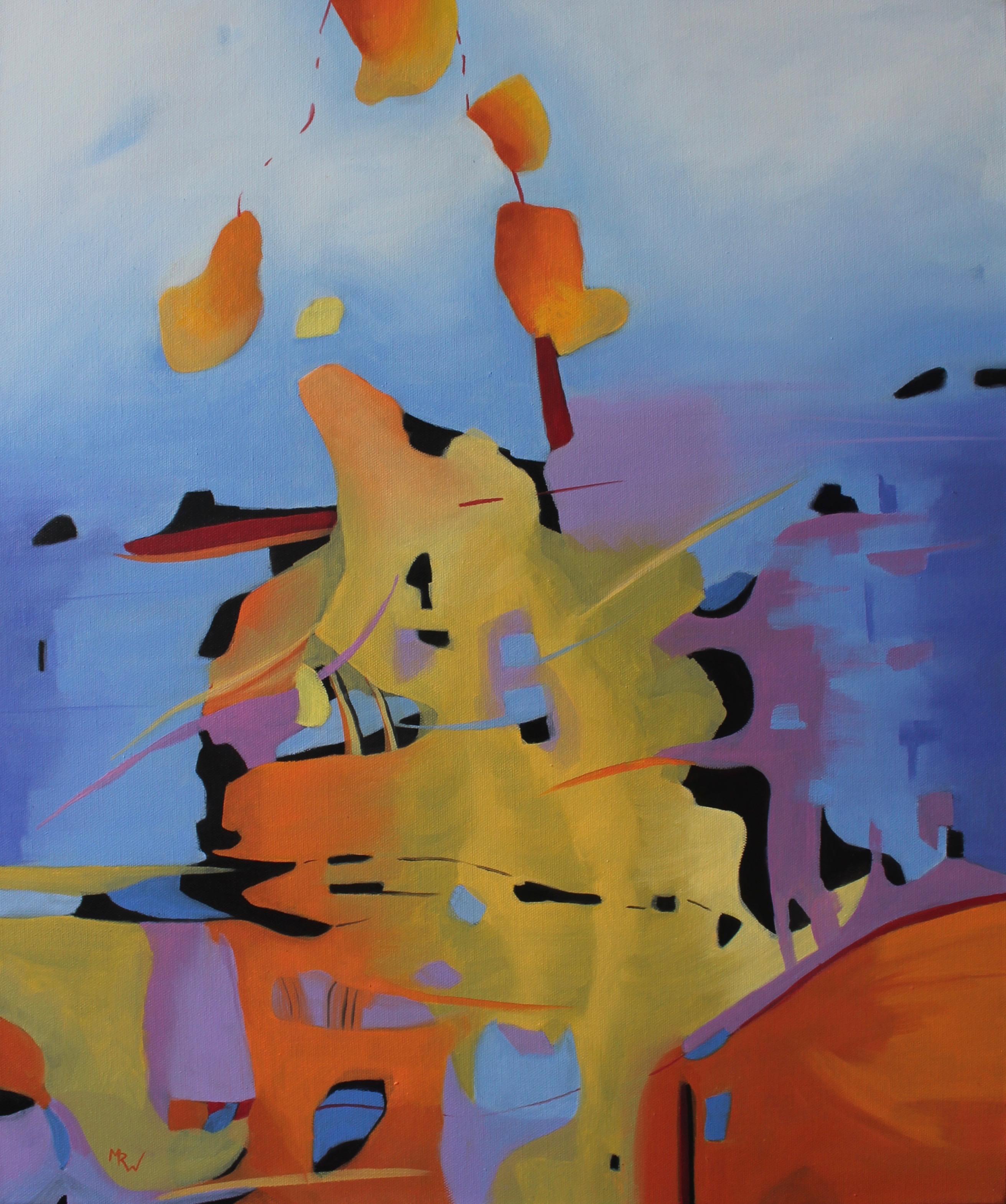 "Ultraterrena", abstract, blues, yellows, oranges, magentas, oil painting - Painting by Marcia Wise