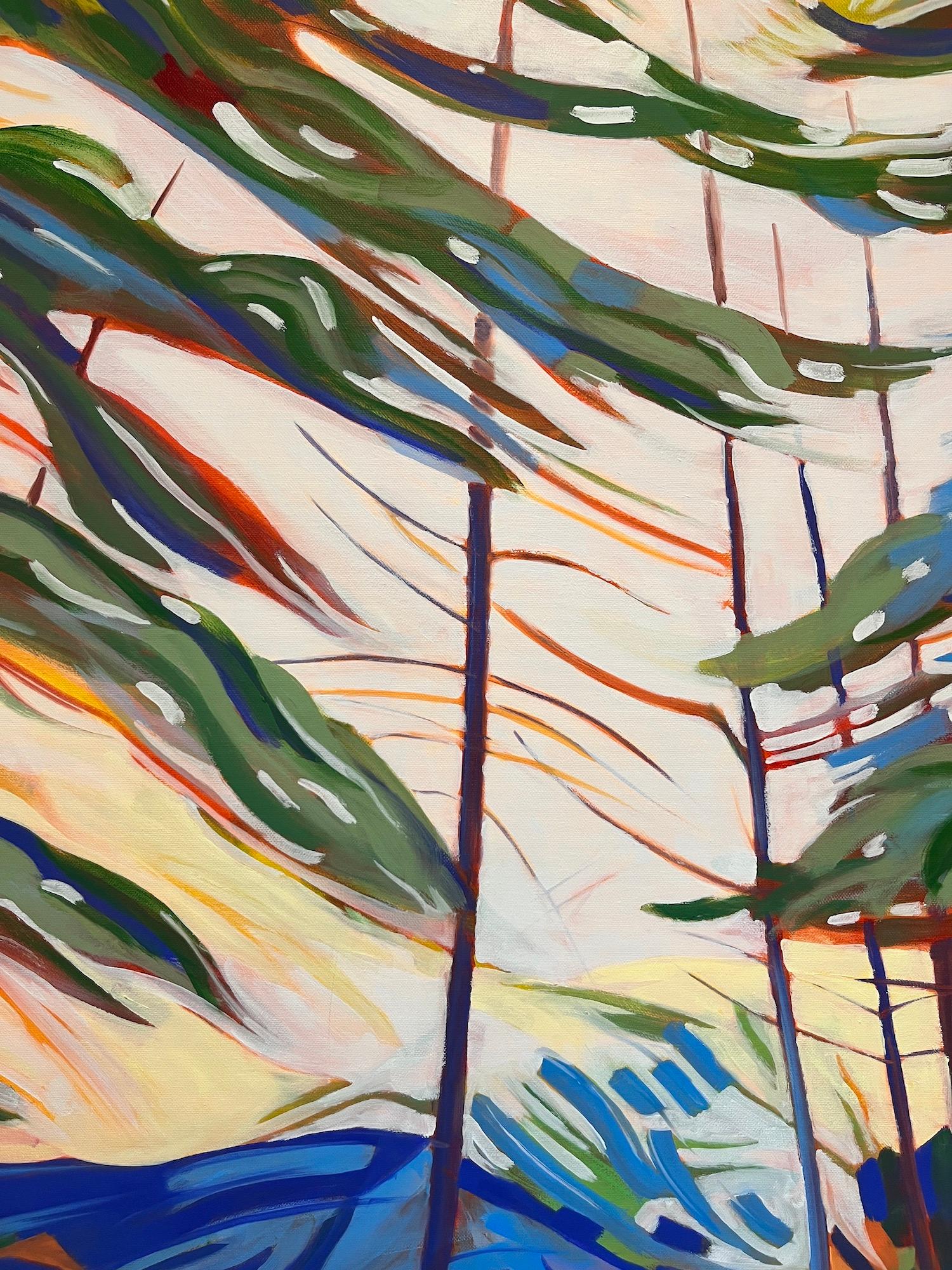 In “Ventoso,” Marcia Wise’s 30 x 40 inch oil on linen painting, we are swept into a windstorm of predominant blues and reds as they move with the wind in a milky yellow and pink sky, waving limbs speckled in earth tones of oranges, reds, greens.