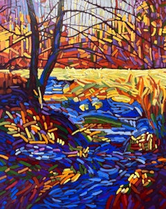 "Vibrante", contemporain, paysage, bleu, rouge, orange, jaune, peinture à l'huile.