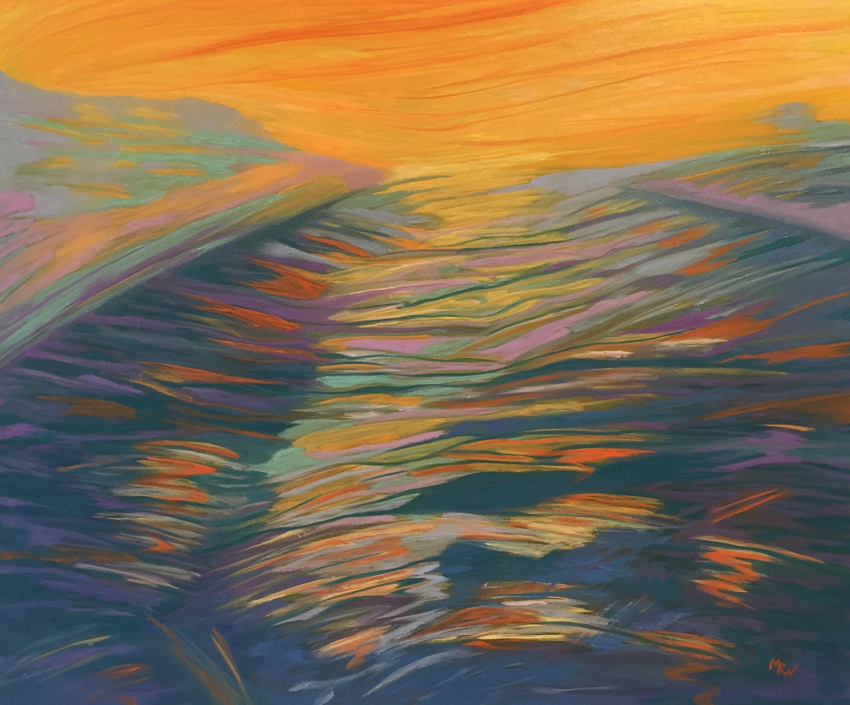 "Vibrato", contemporain, abstrait, jaune, bleu, orange, vert, peinture à l'huile. - Painting de Marcia Wise