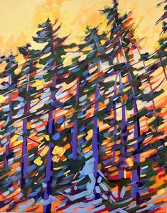 "Greene & Greene, Contemporary, arbre, jaune, orange, violet, bleu, vert, peinture à l'huile.