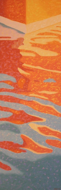 "Warm Reflections", zeitgenössisch, Landschaft, abstrakt, rot, orange, Ölgemälde