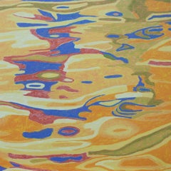 "Water Symphony", zeitgenössisch, Landschaft, gelb, blau, orange, Ölgemälde