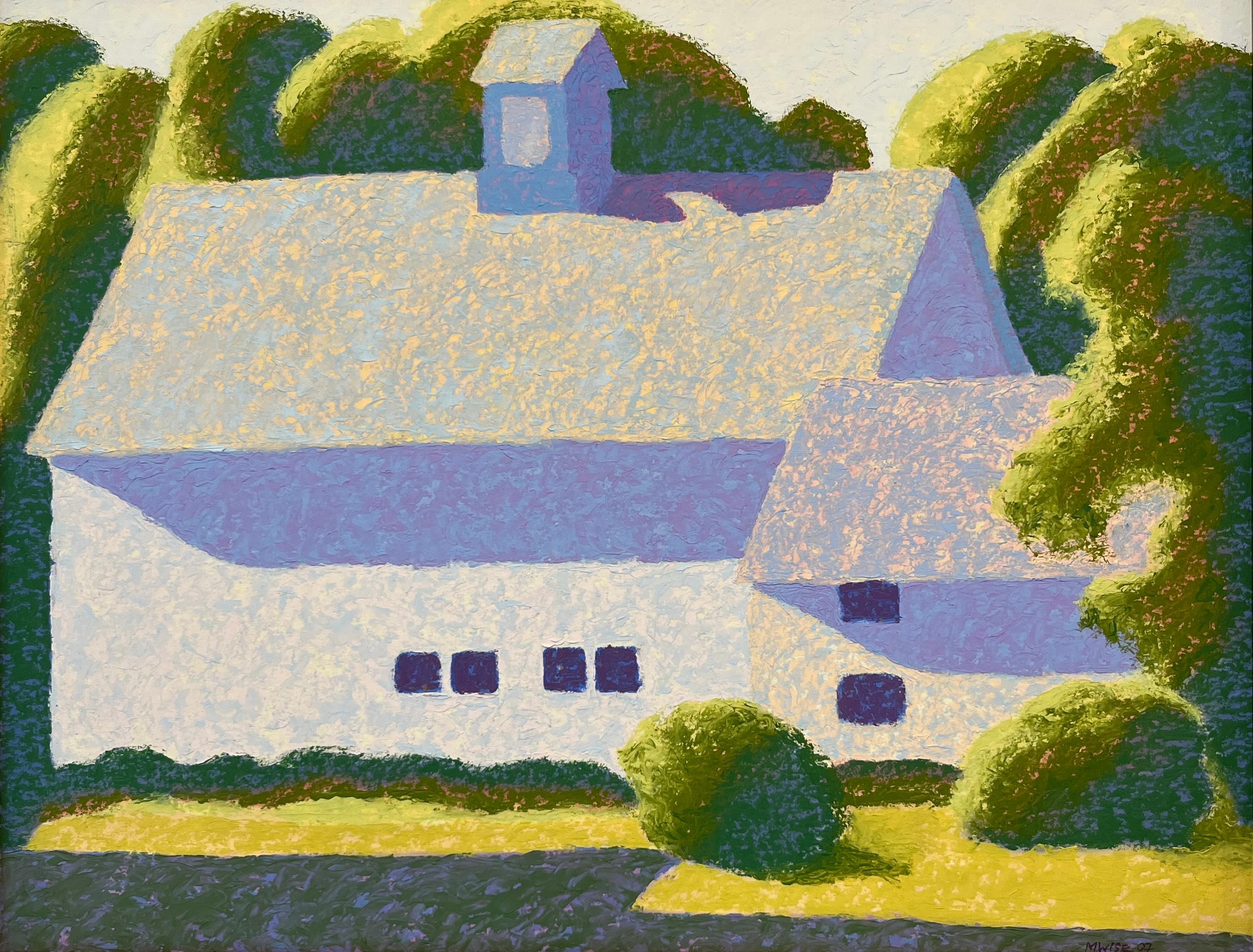 "Weiße Scheune", Zeitgenössische Landschaft, Blau, Grün, Rot, Lila, Ölgemälde