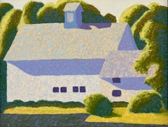 "White Barn", Contemporary Landscape, Blue, Green, Red, Purple, Oil Painting