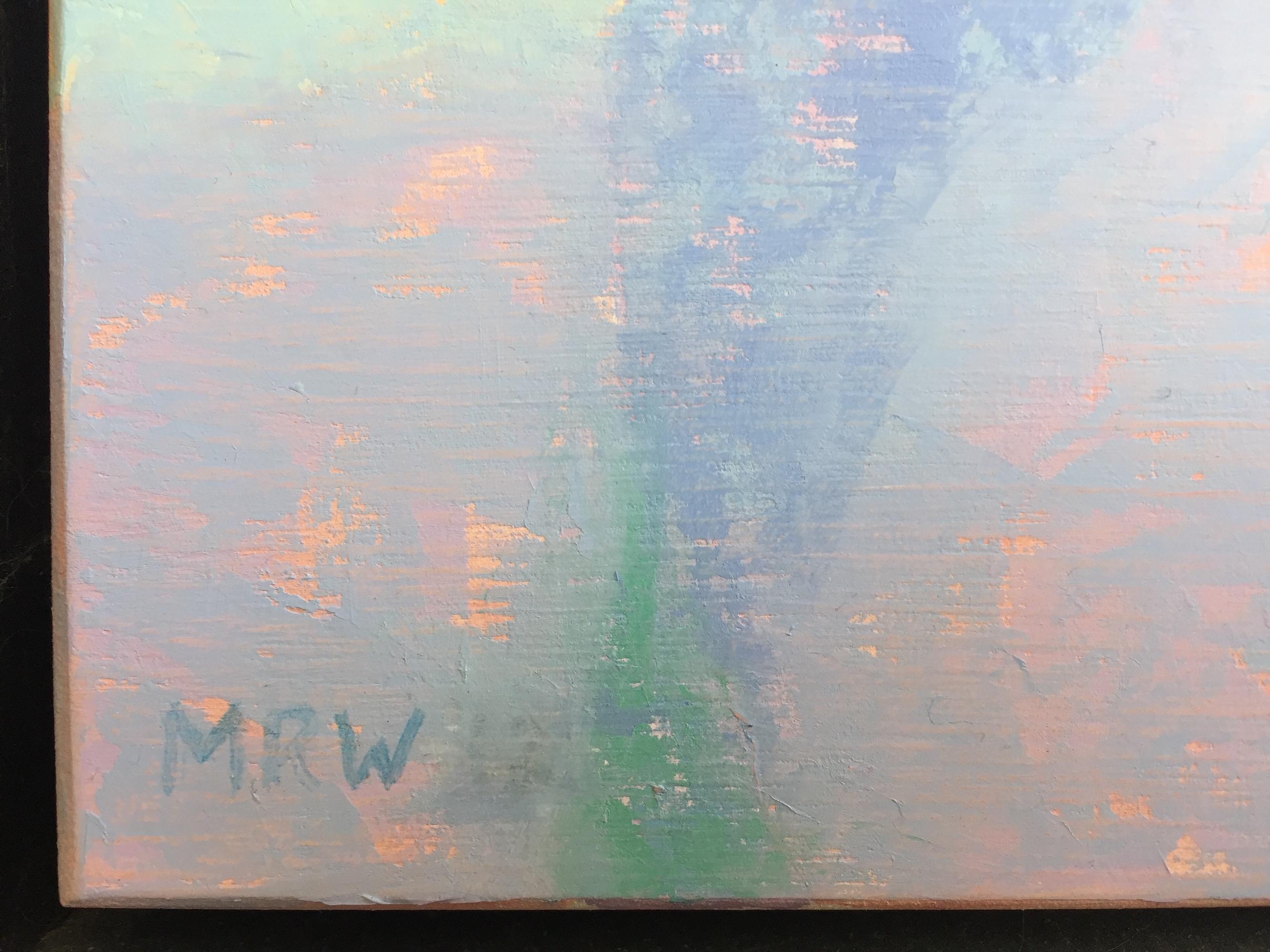 « Yellow Reflections », peinture à l'huile, bateau, eau, blancs, bleus, verts en vente 1