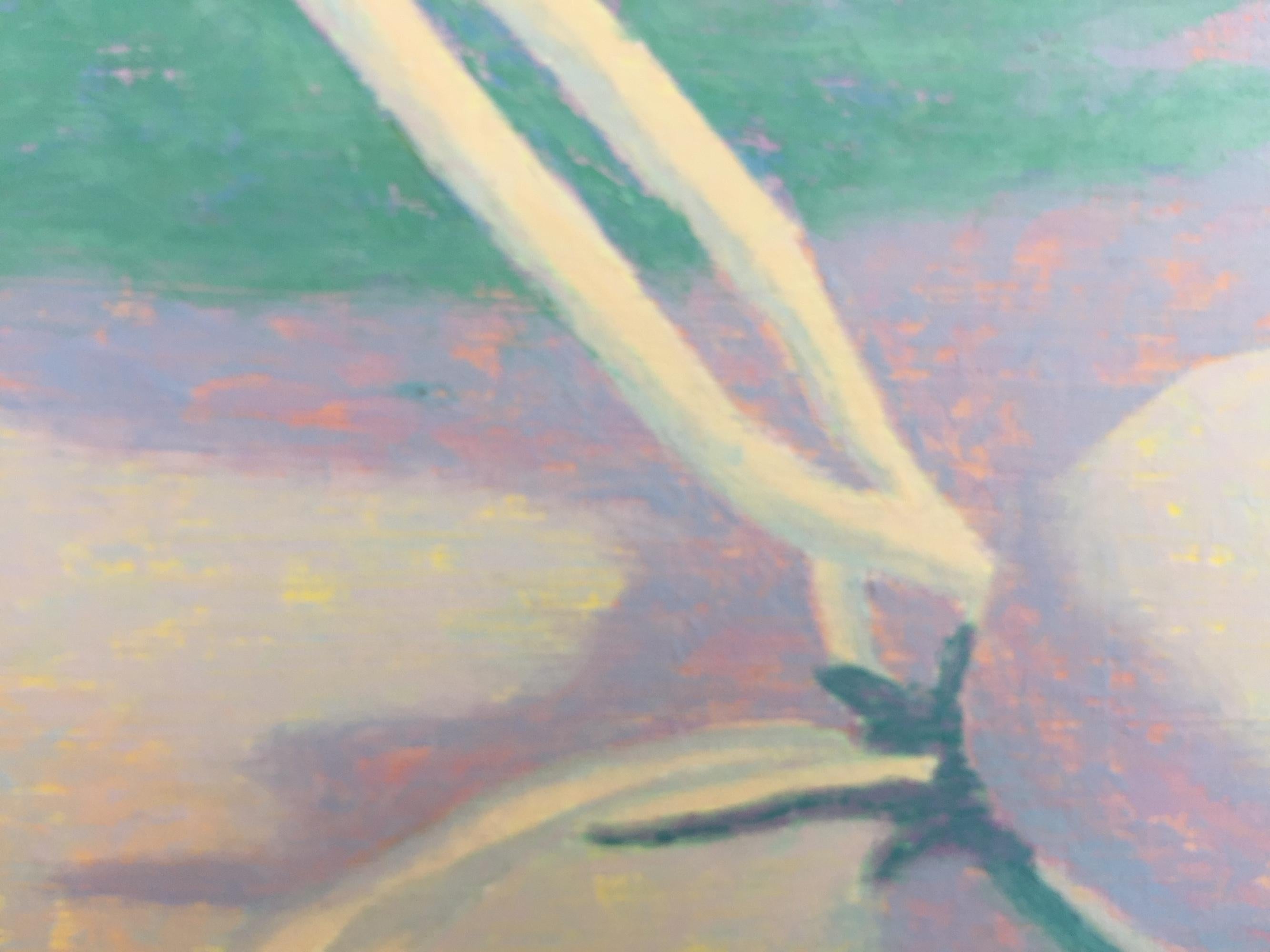 « Yellow Reflections », peinture à l'huile, bateau, eau, blancs, bleus, verts en vente 2