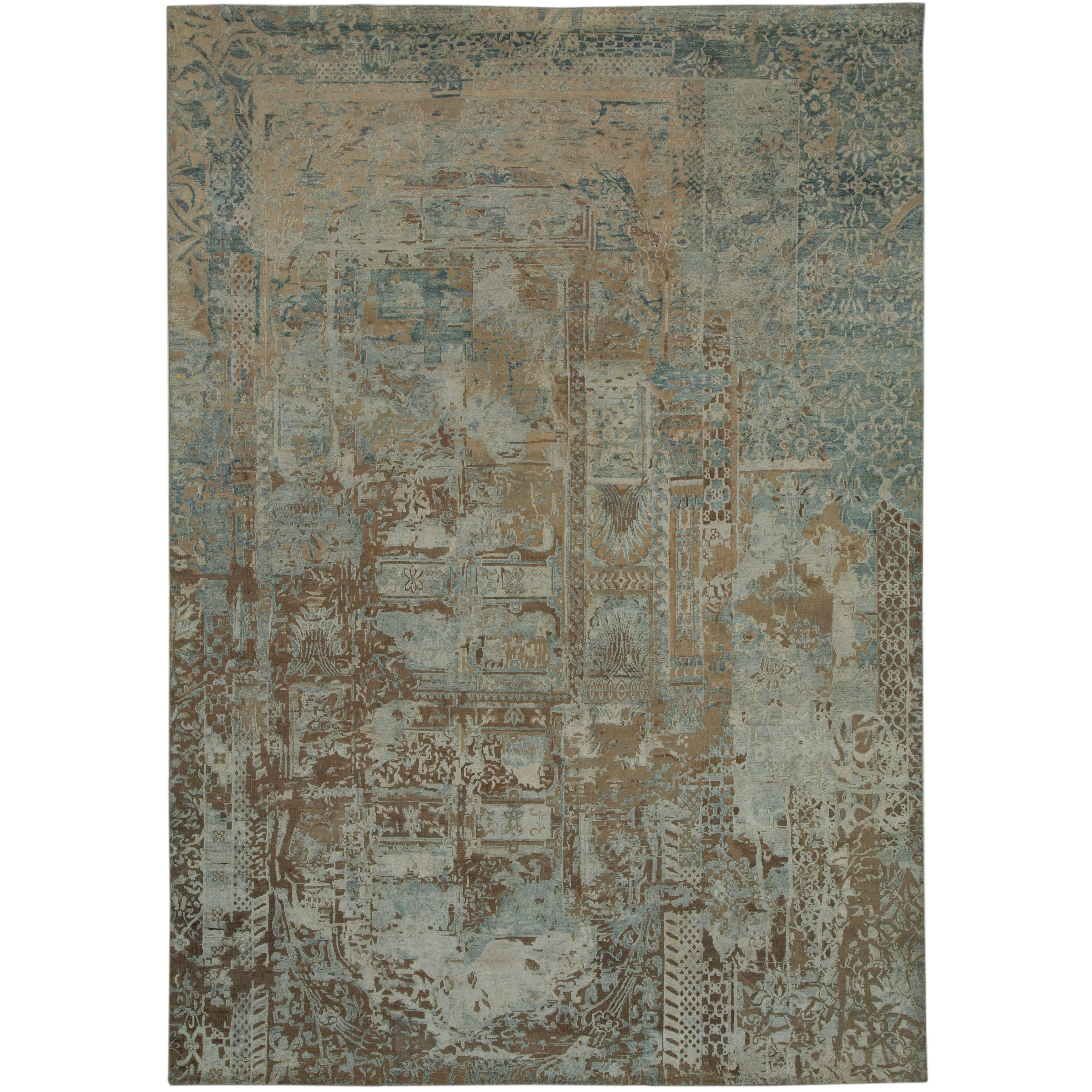 "Marcian" Blue Beige Wool/Silk Hand-Knotted Area Rug For Sale