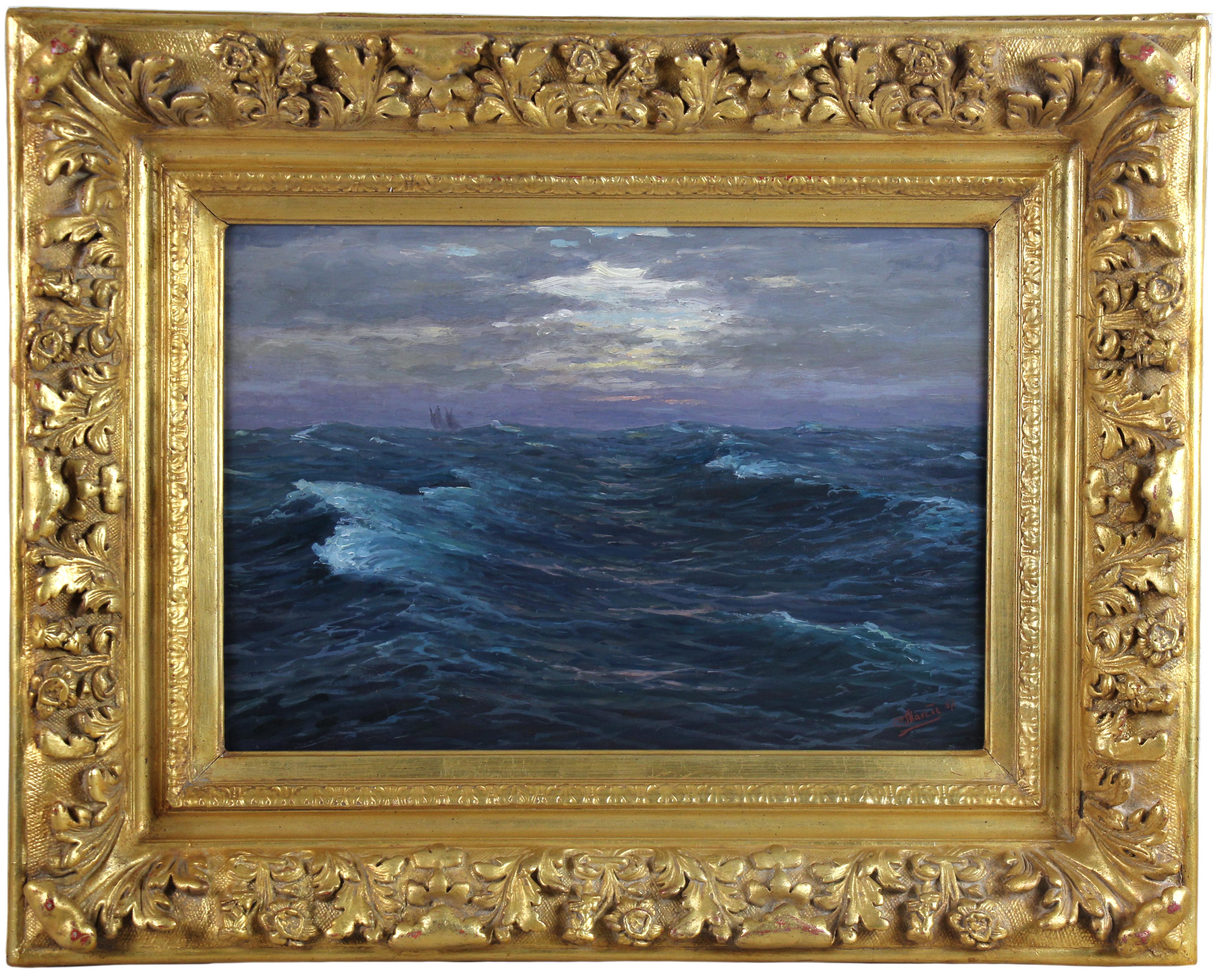 marcic rudolf Landscape Painting - Oil painting on board " Rough sea with sailboat on the horizon " by Marcic 1957