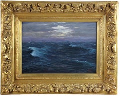 Oil painting on board " Rough sea with sailboat on the horizon " by Marcic 1957