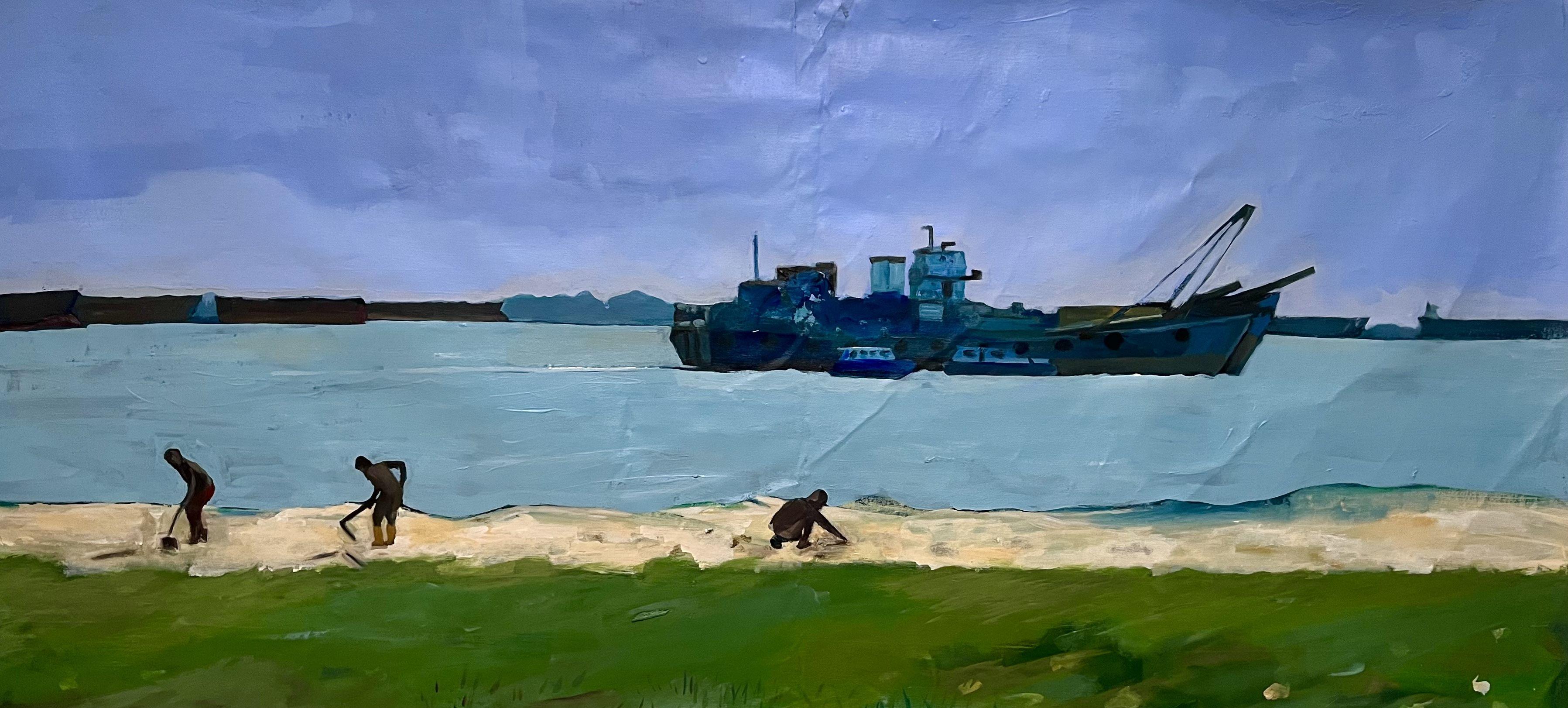 This artwork is inspired by The Gleaners by Jean-FranÃ§ois Millet.     My painting shows the workers during the hot and windy day at East Coast Park.  East Coast Park in Singapore is mainly dedicated to entertainment, exercise, swimming and