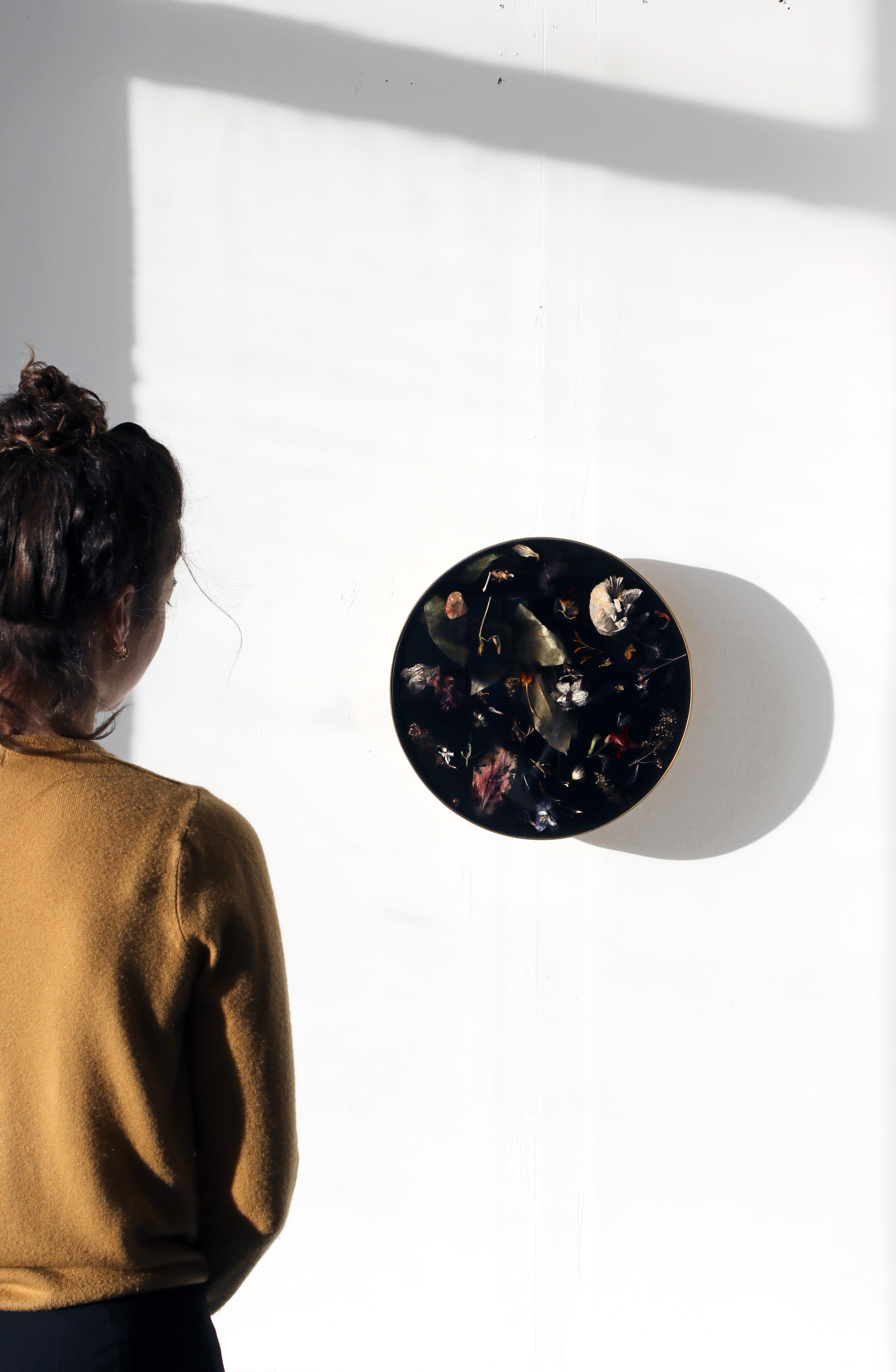 Contemporary Marcin Rusak, Flora Wallhanging Disc 35, Black Polished Finish, Brass Frame For Sale