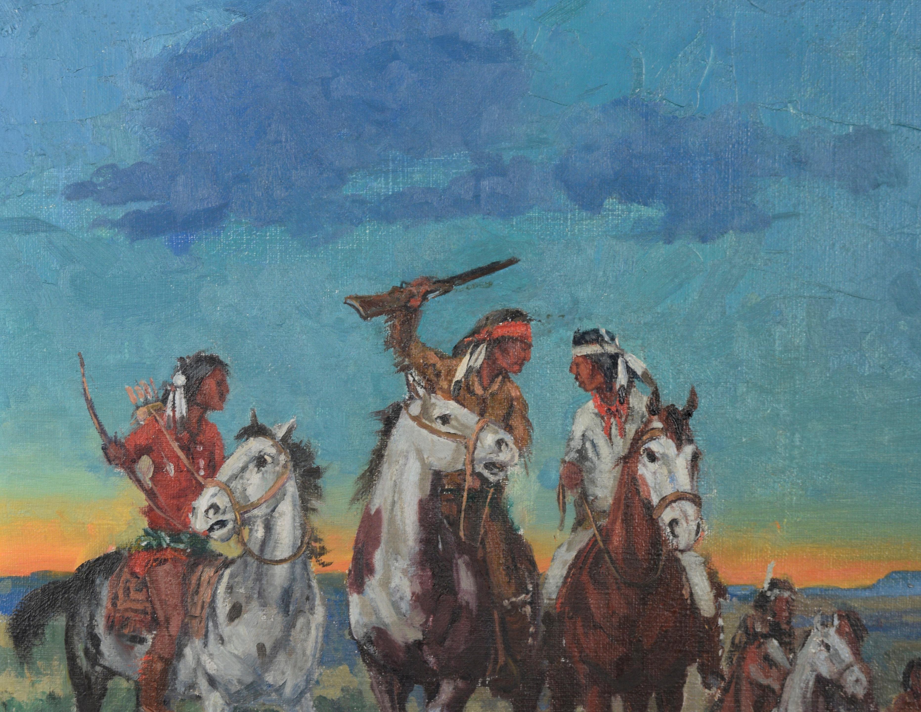 « Desert Raiders » - Apache Warriors at Sunset (Les rameurs du désert) - Painting de Marco Antonio Gomez