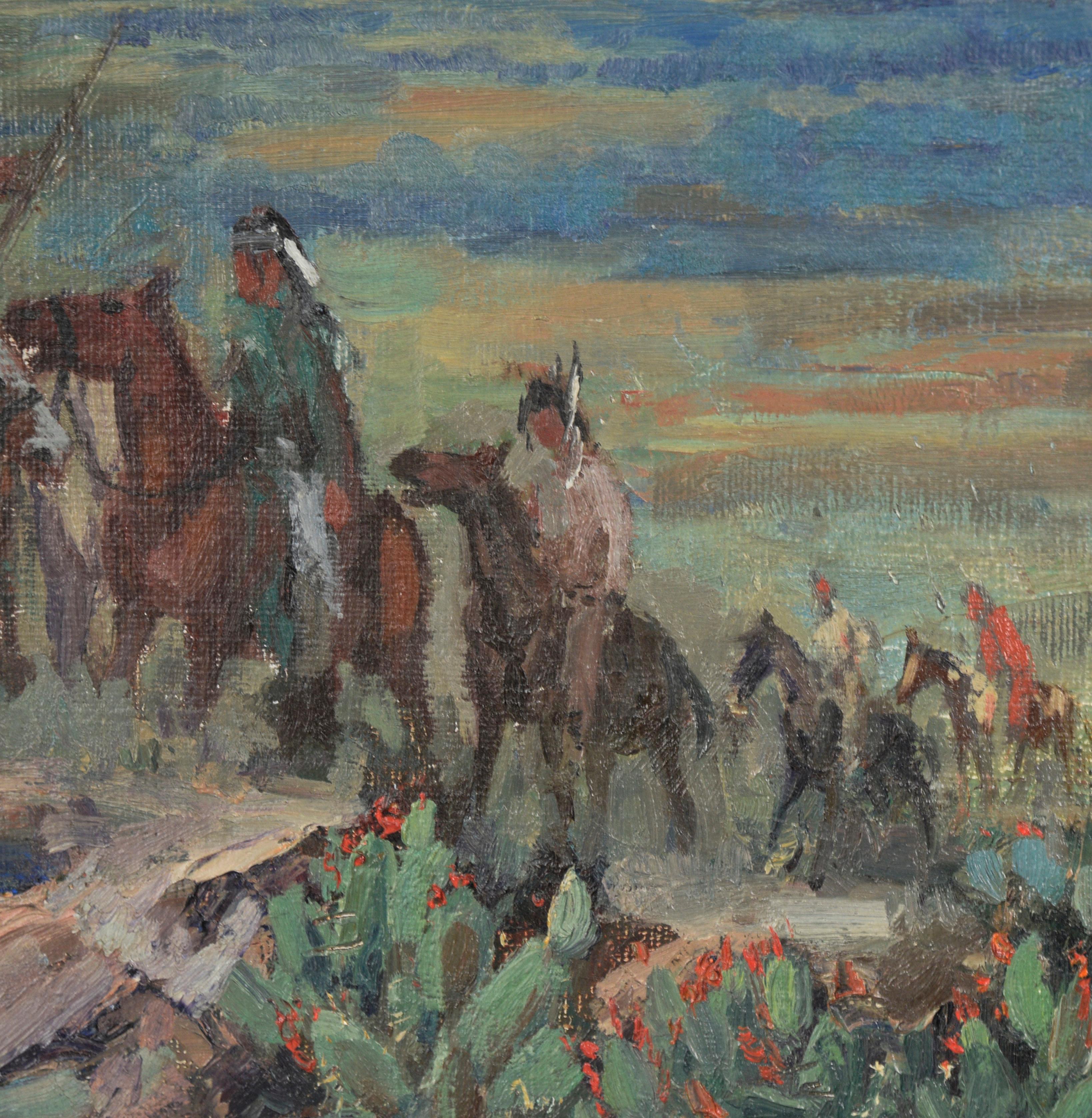 « Desert Raiders » - Apache Warriors at Sunset (Les rameurs du désert) - Impressionnisme américain Painting par Marco Antonio Gomez