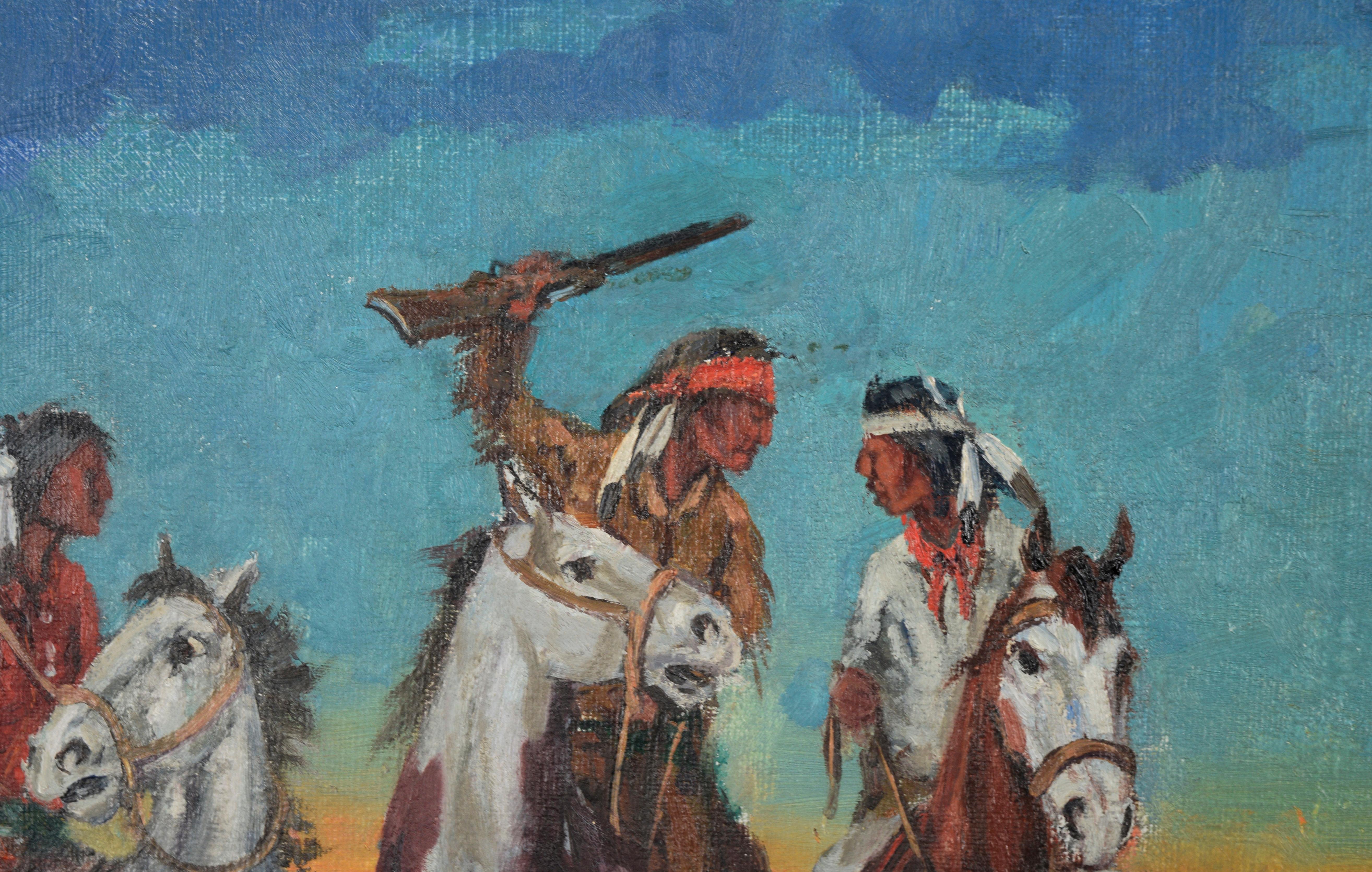 Scène de désert audacieuse avec des Apaches à cheval par Marco Antonio Gomez (Mexique, 1910-1972). Trois cavaliers font une pause au sommet d'une colline avec plusieurs cavaliers derrière eux. Le désert s'étend au loin derrière eux, se terminant par