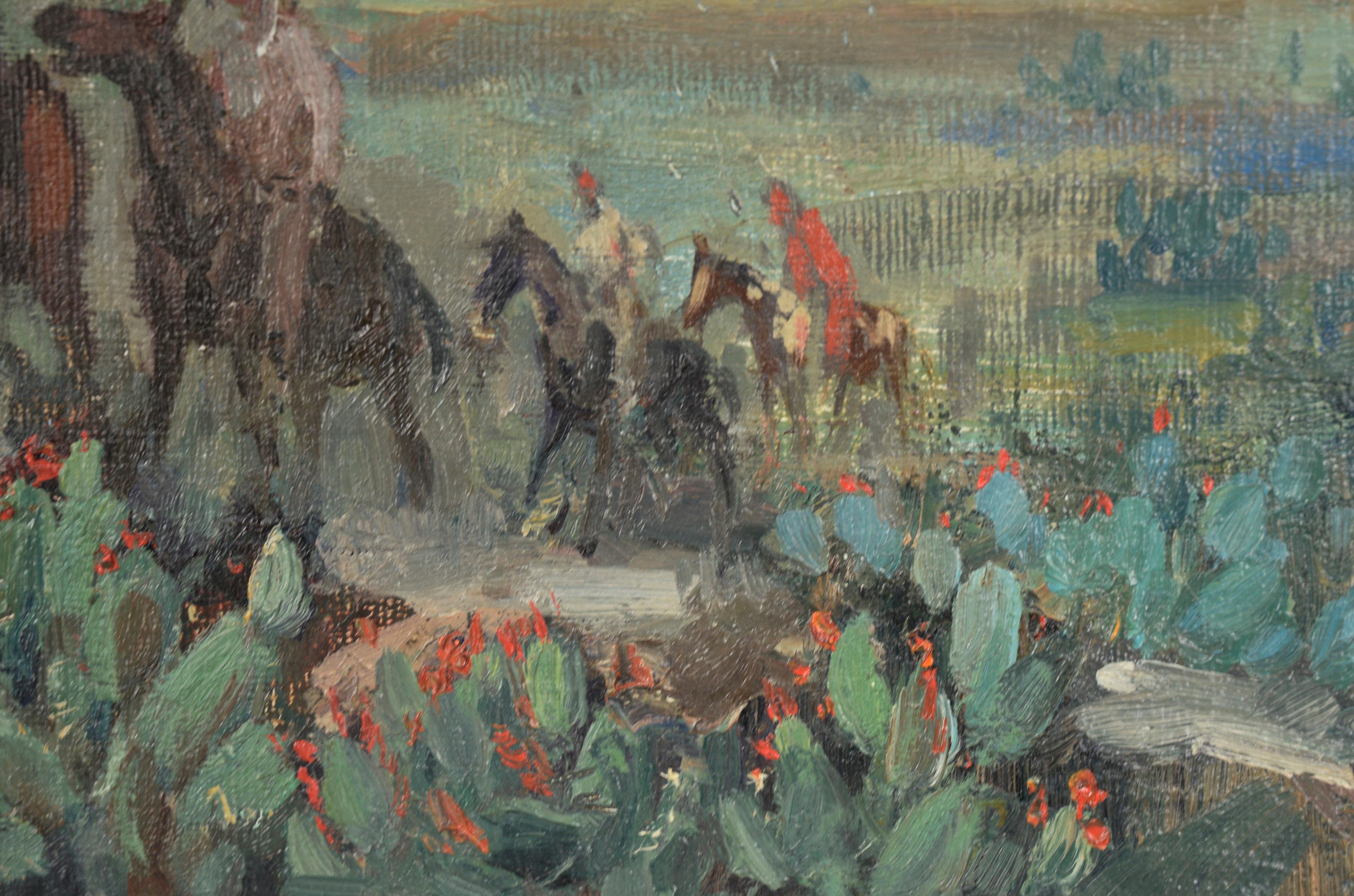 Bold desert scene with Apaches on horseback by Marco Antonio Gomez (Mexican, 1910-1972). Three riders pause at the top of a hill with several riders trailing behind them. The desert stretches into the distance behind them, terminating in a range of