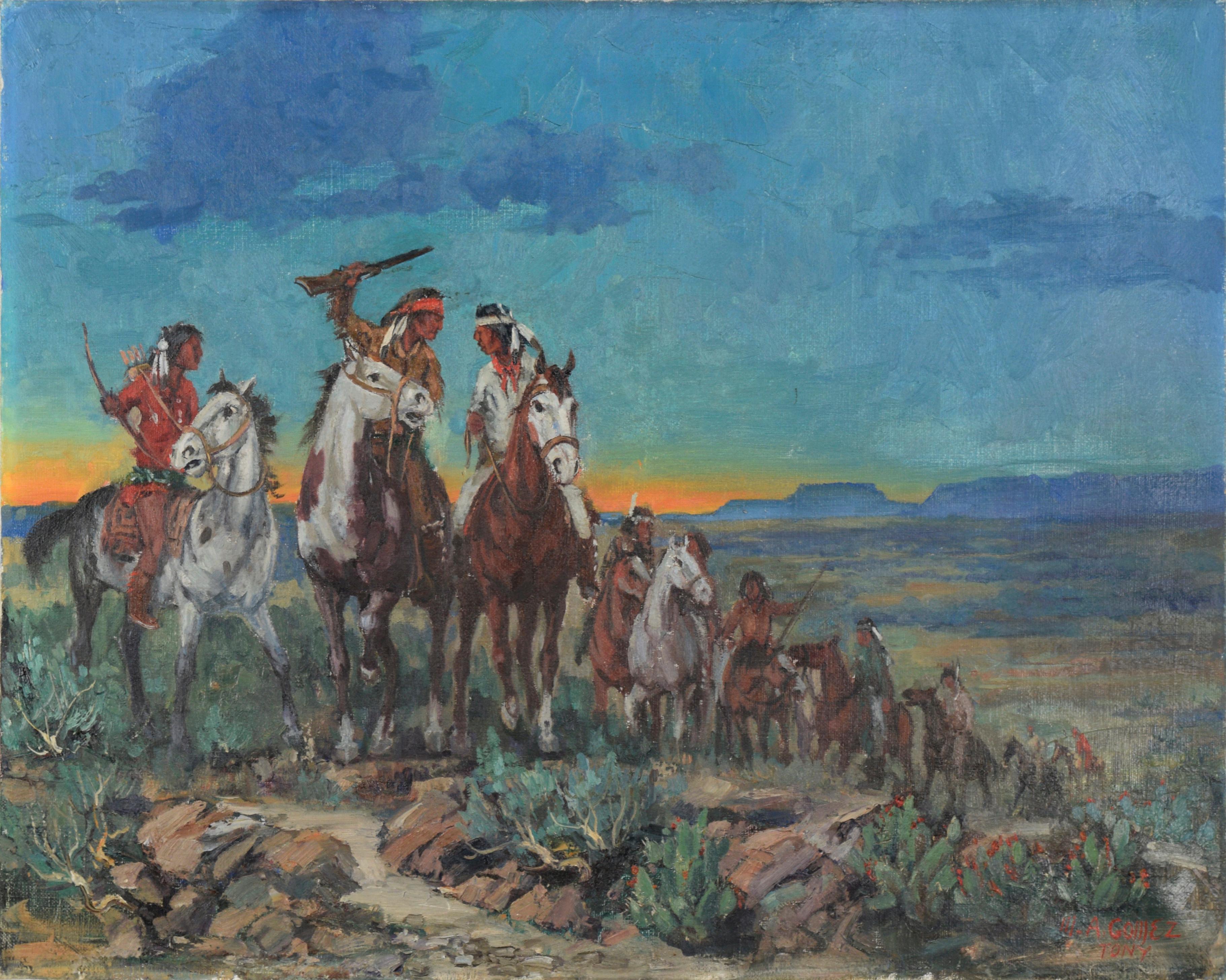 Landscape Painting Marco Antonio Gomez - « Desert Raiders » - Apache Warriors at Sunset (Les rameurs du désert)