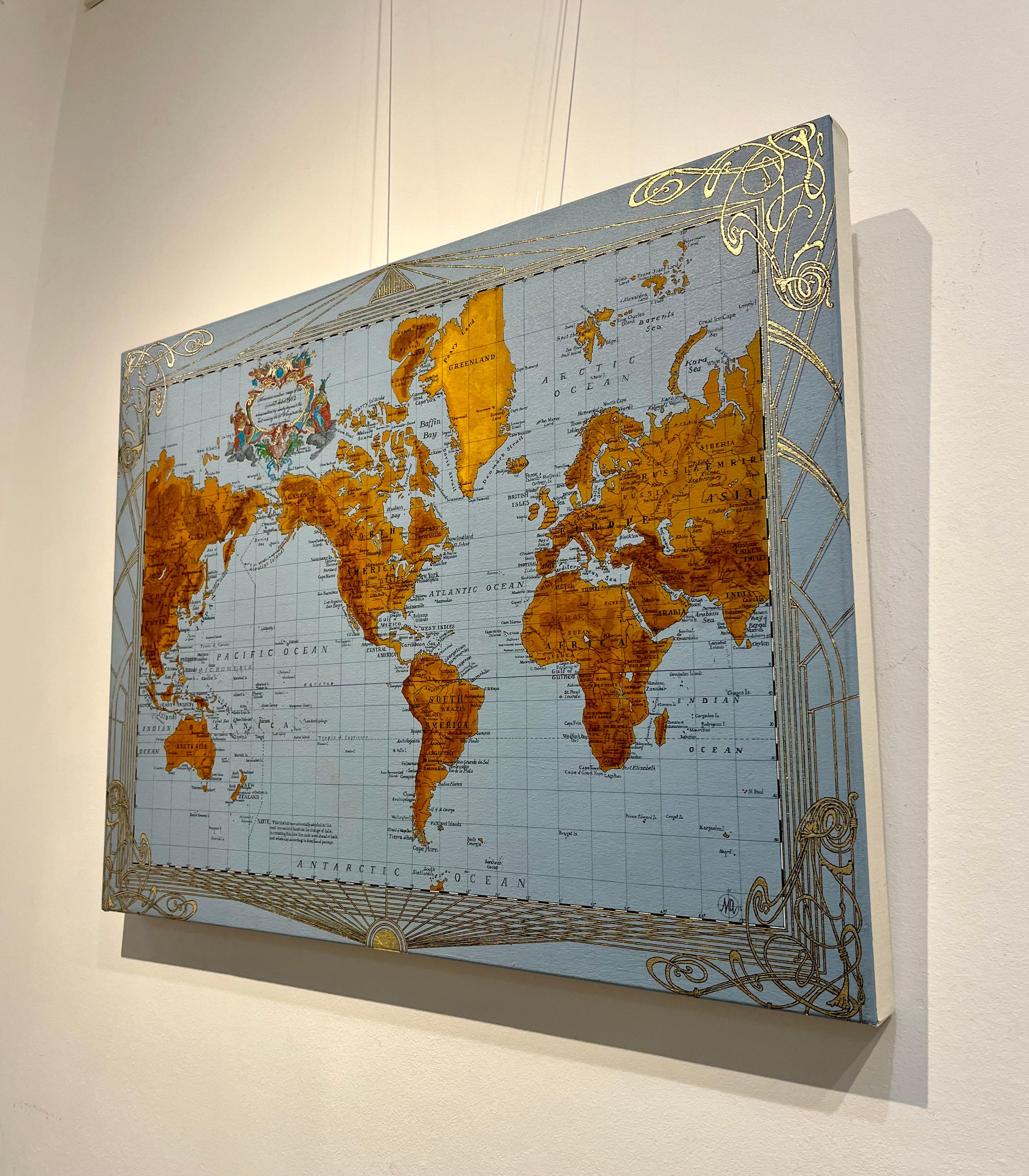Americacentric Map of the World von 1902 - Gemälde, Mischtechnik, Vergoldung, Tinte, Karte (Zeitgenössisch), Mixed Media Art, von Marco Araldi