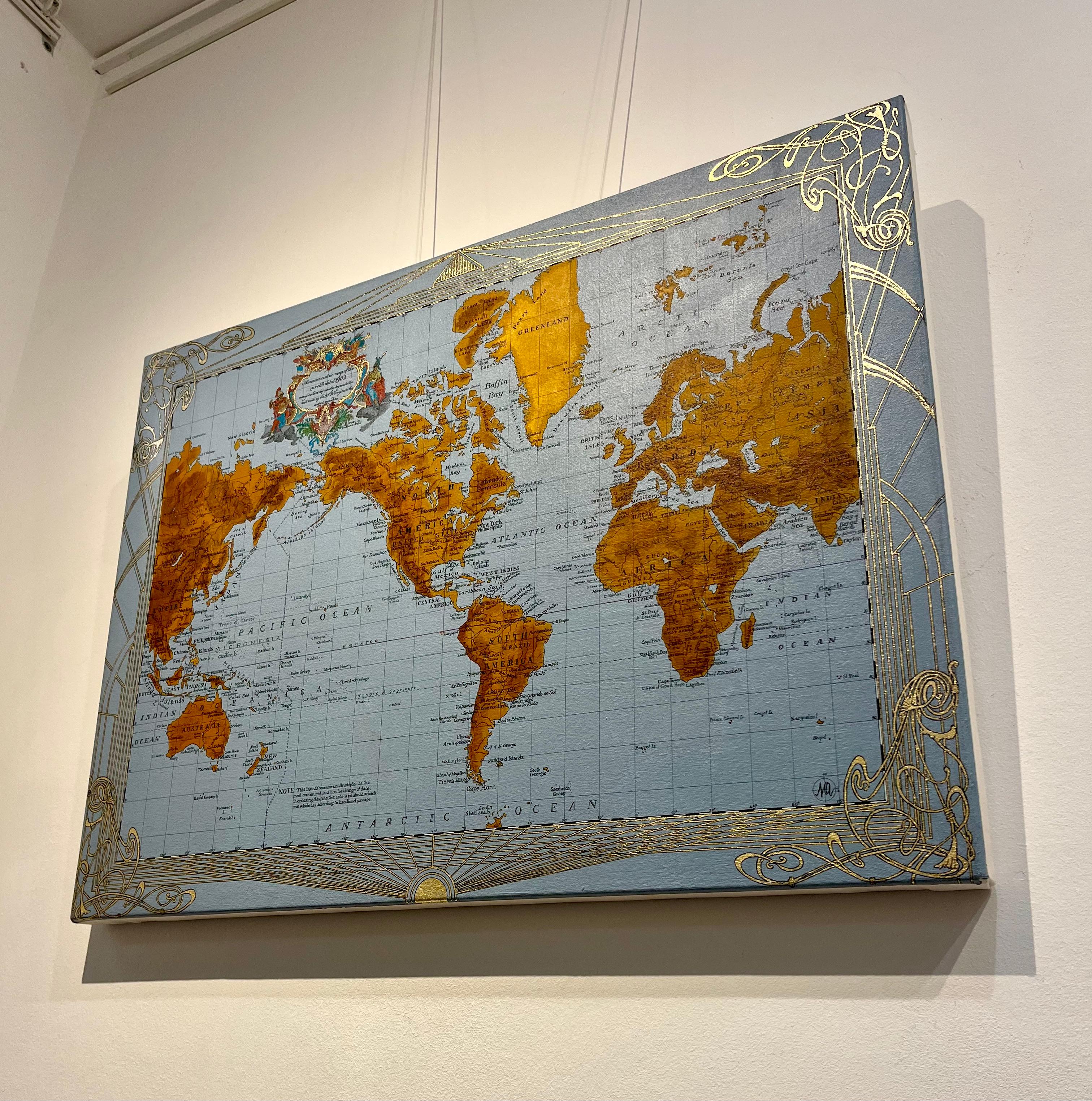 1902 Americacentric Map of the World - Painting, Mixed Media, Gilding, Ink, Map - Contemporary Mixed Media Art by Marco Araldi