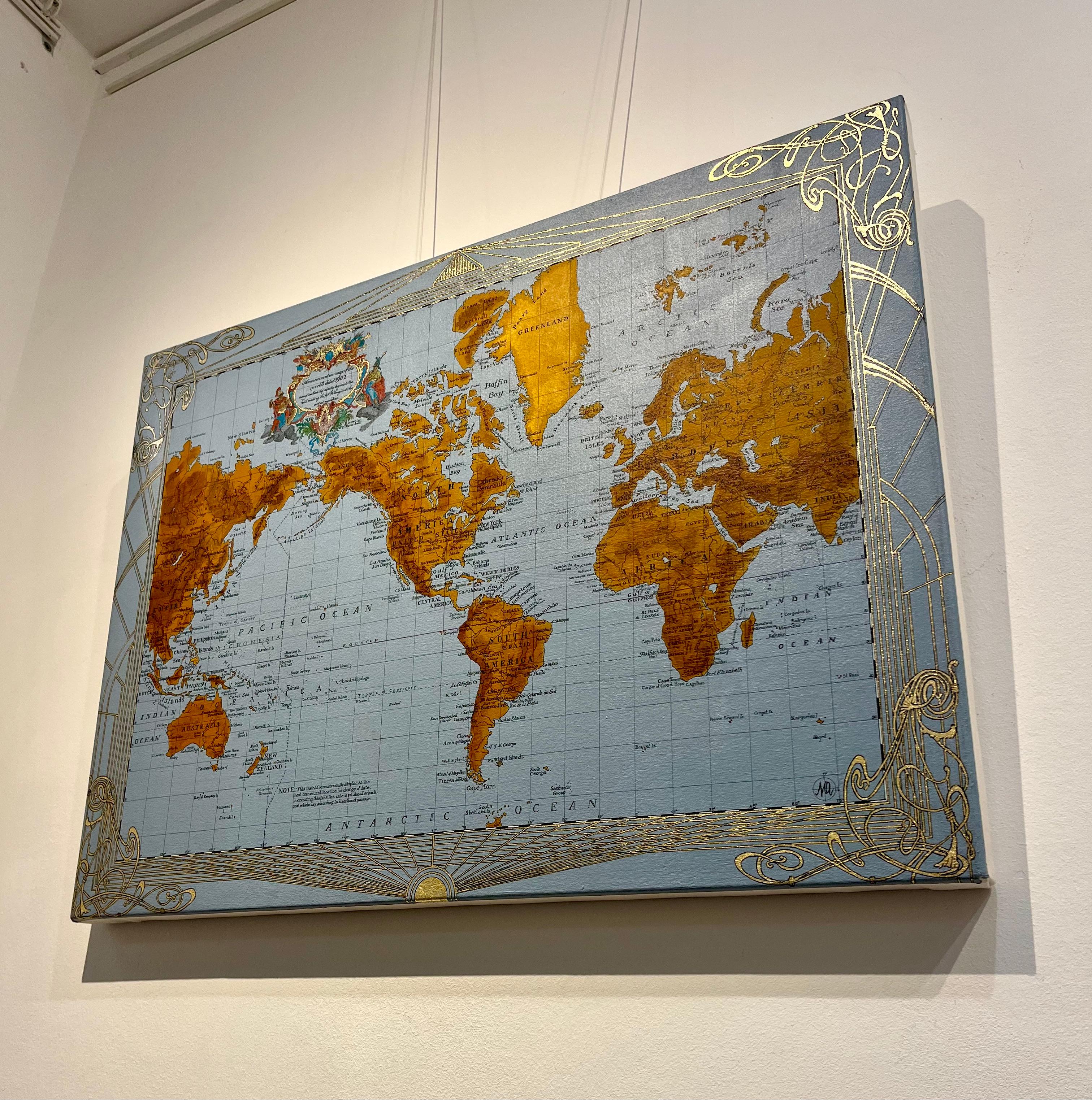 Mappa del mondo americano del 1902 - Pittura, tecnica mista, doratura, inchiostro, mappa in vendita 2