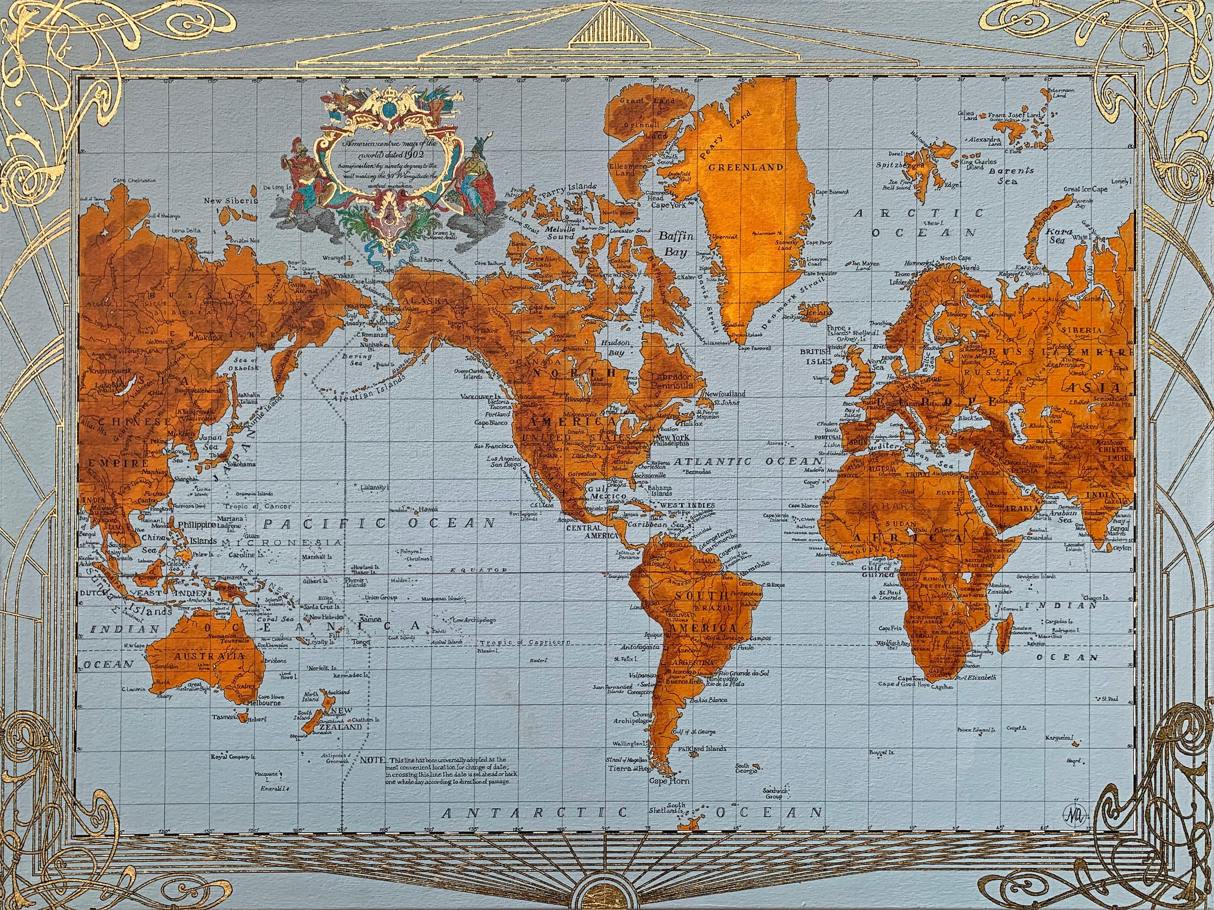 1902 Americacentric Map of the World - Painting, Mixed Media, Gilding, Ink, Map - Mixed Media Art by Marco Araldi
