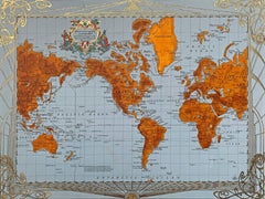 Carte du monde américaine de 1902, peinture, techniques mixtes, dorure, encre, carte
