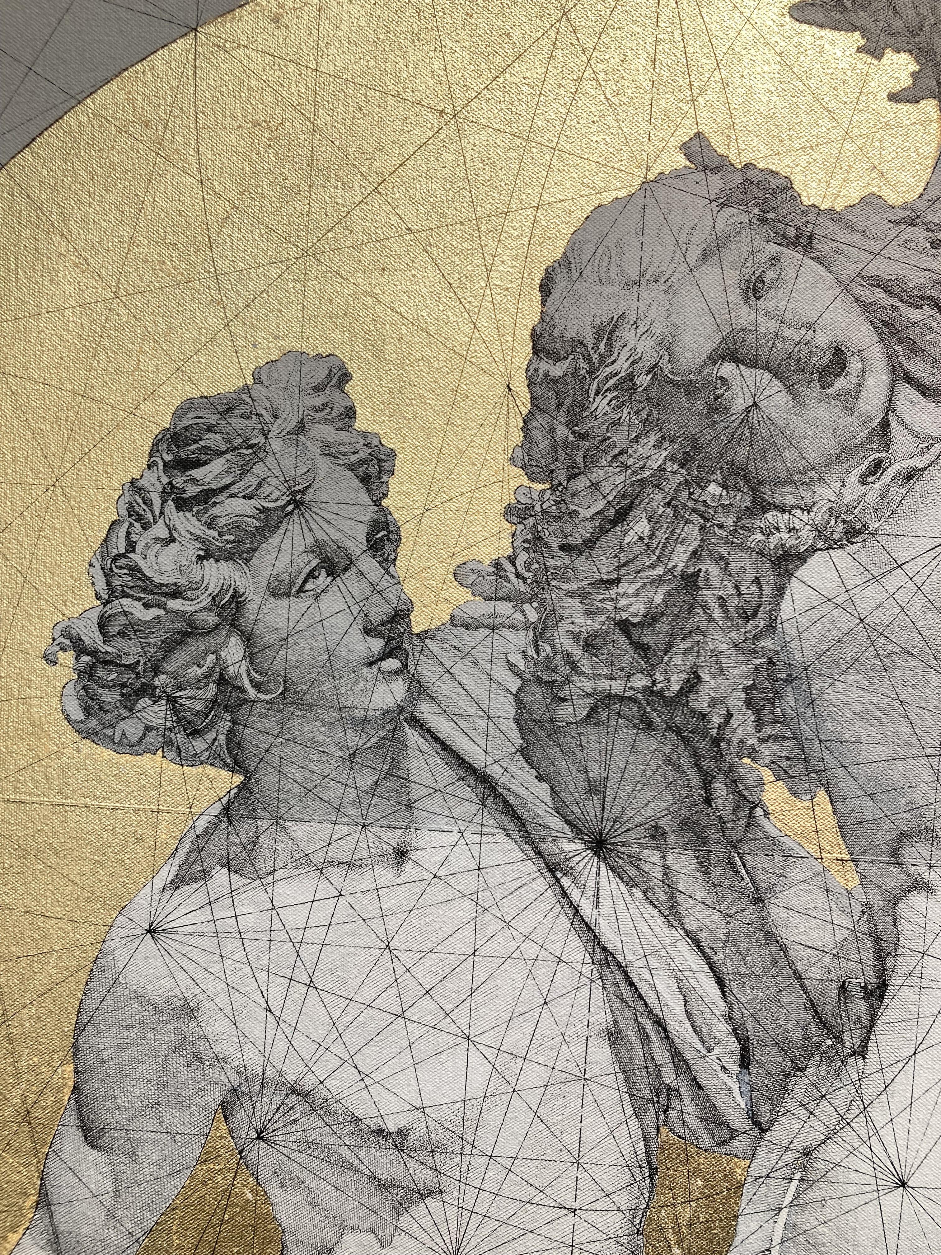 Apollo e Dafne - Mitologia greca: Doratura, inchiostro e acrilico su tela - Painting di Marco Araldi